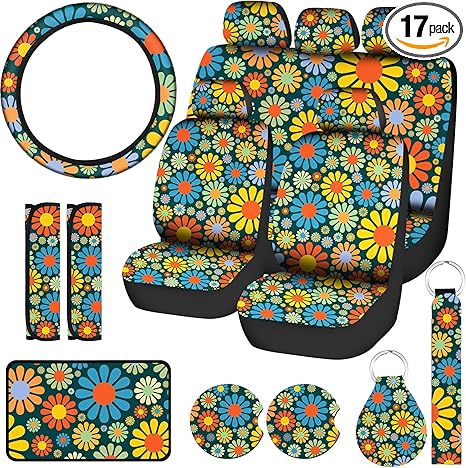 Tallew 17 Pcs Hippie Flower Car Seat Covers Set, Universal Car Accessories, Colorful Art Floral Seat Covers, Steering Wheel, Armrest, Cup Holder, Keyring, Shoulder Pad, Wrist Strap for Men and Women