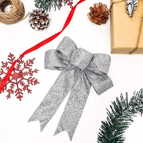 Miniatura 4 de WILLBOND 9 lazos de cinta de Navidad con purpurina para decoración de fiestas de Navidad (plateado)