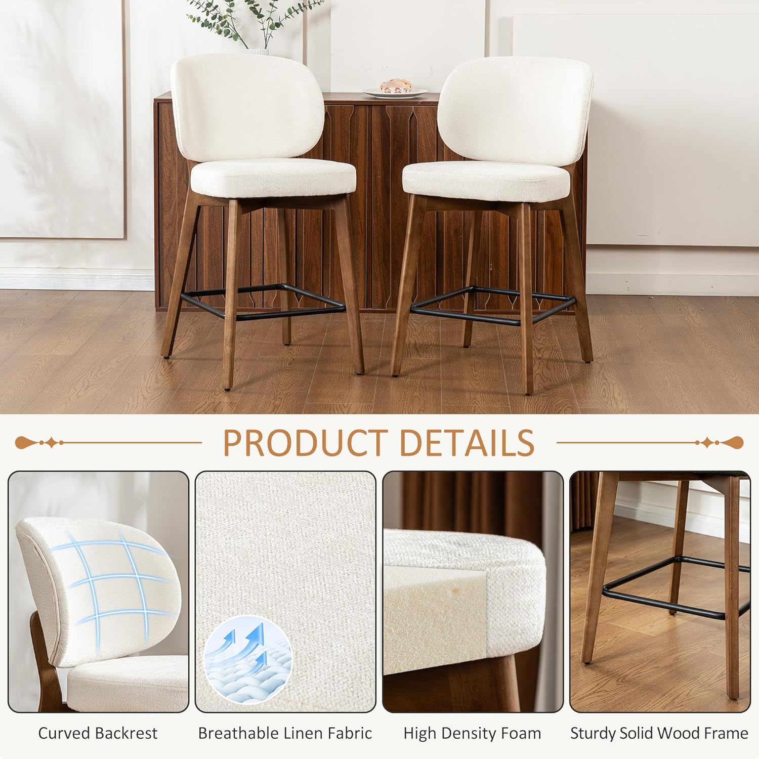 YOUNIKE Beige 26.8" Height Bar Stool Mid Century Modern Counter Stool Solid Wood Legs Fabric Upholstered Kitchen Island Bar Chair 20" Wide Armless Barstools with High Back Single