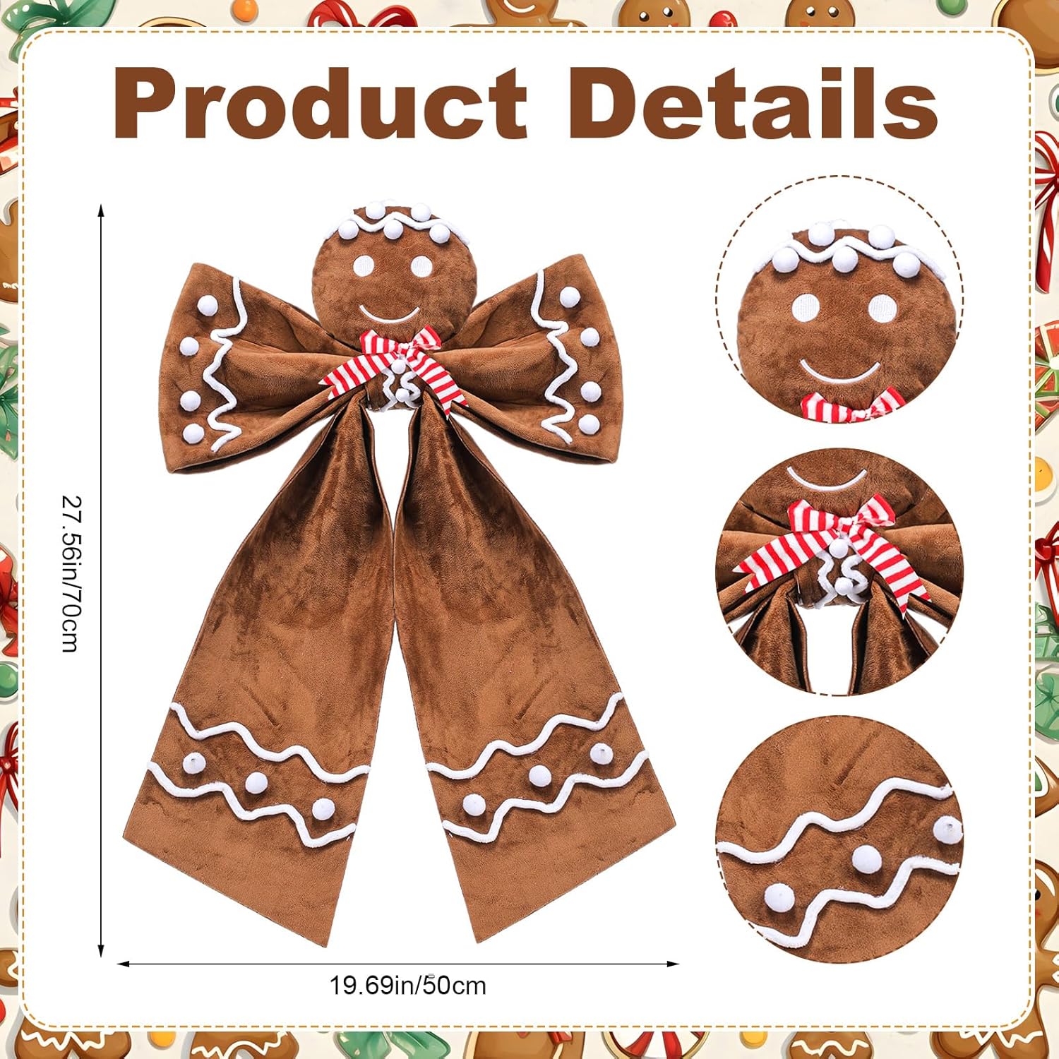 20 x 28 Extra Large Christmas Gingerbread Bow Tree Topper Wreath Brown Velvet Tree Topper Ornament Gingerbread Hanging Decor Gifts for Christmas Xmas Door Window Holiday Decorations
