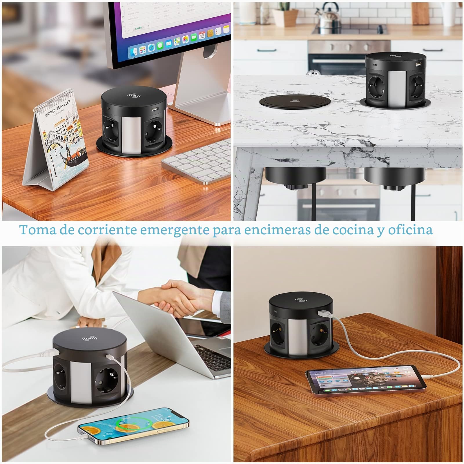 Enchufe Empotrable Mesa USB C 4 Enchufes, Regleta Enchufes con 4 USB Empotrable Retráctil, Regleta de Mesa con Cargador Inalámbrico, 3680W/16A, 1,7m Cables, Negro