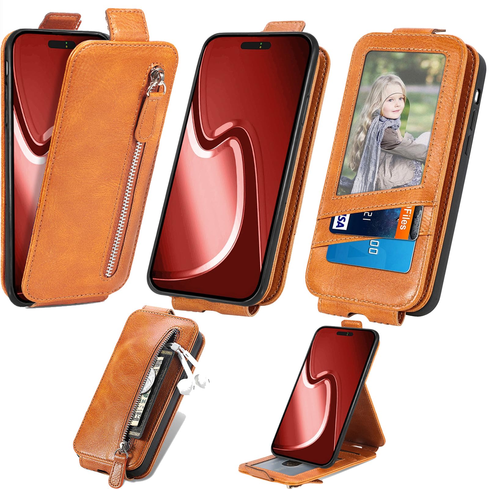 for iPhone 14 Pro Max Leather Phone Case Wallet with Zipper Pocket, Up-Down Open Magnetic Closure Clasp, Vertical Folio Flip Cover Kickstand, Card Holder Cash Slot Brown