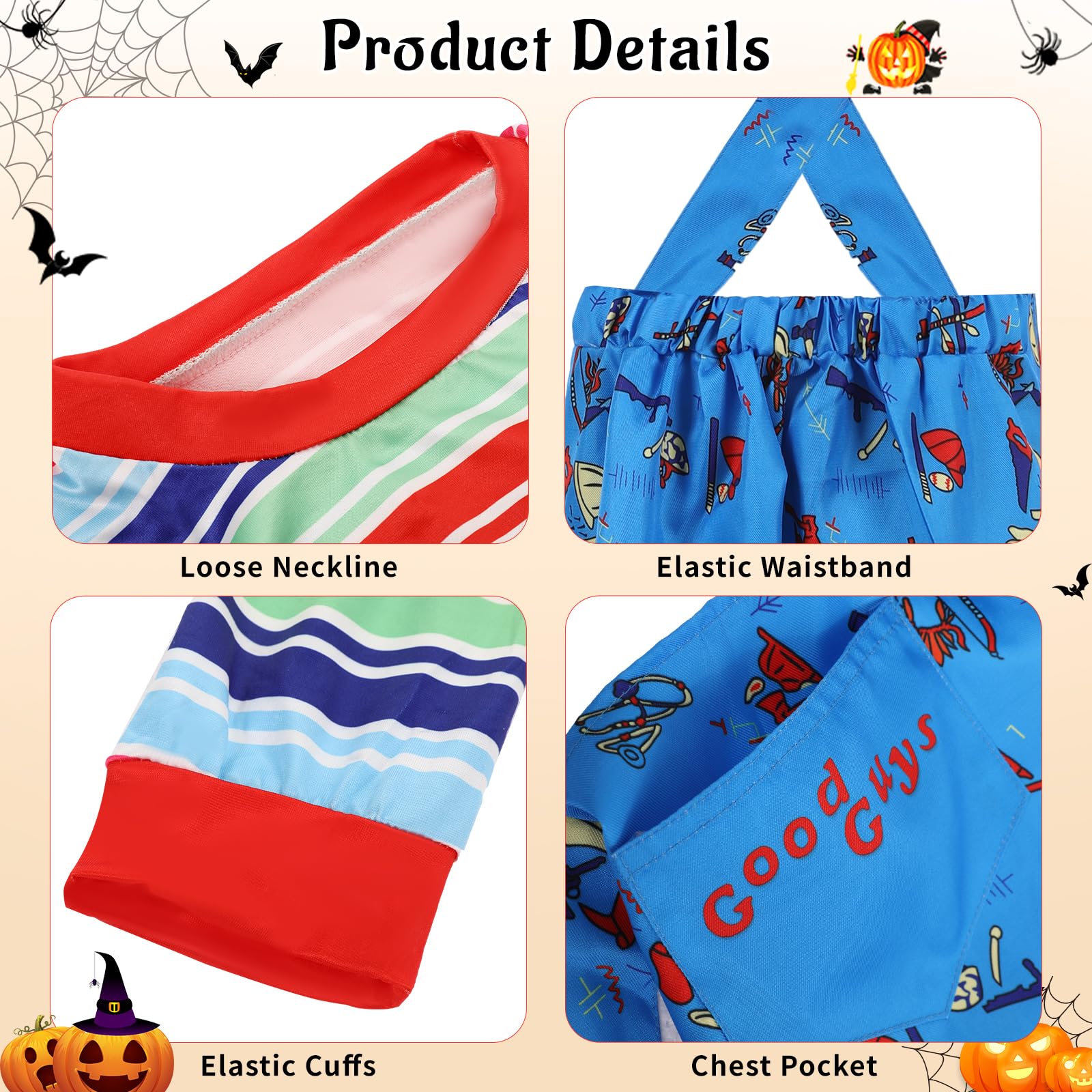 Makoike Kids Creepy Doll Costume Killer Outfit Wig Jumpsuit Stripe Tops Halloween Costume Carnival Cosplay Props - Image 2