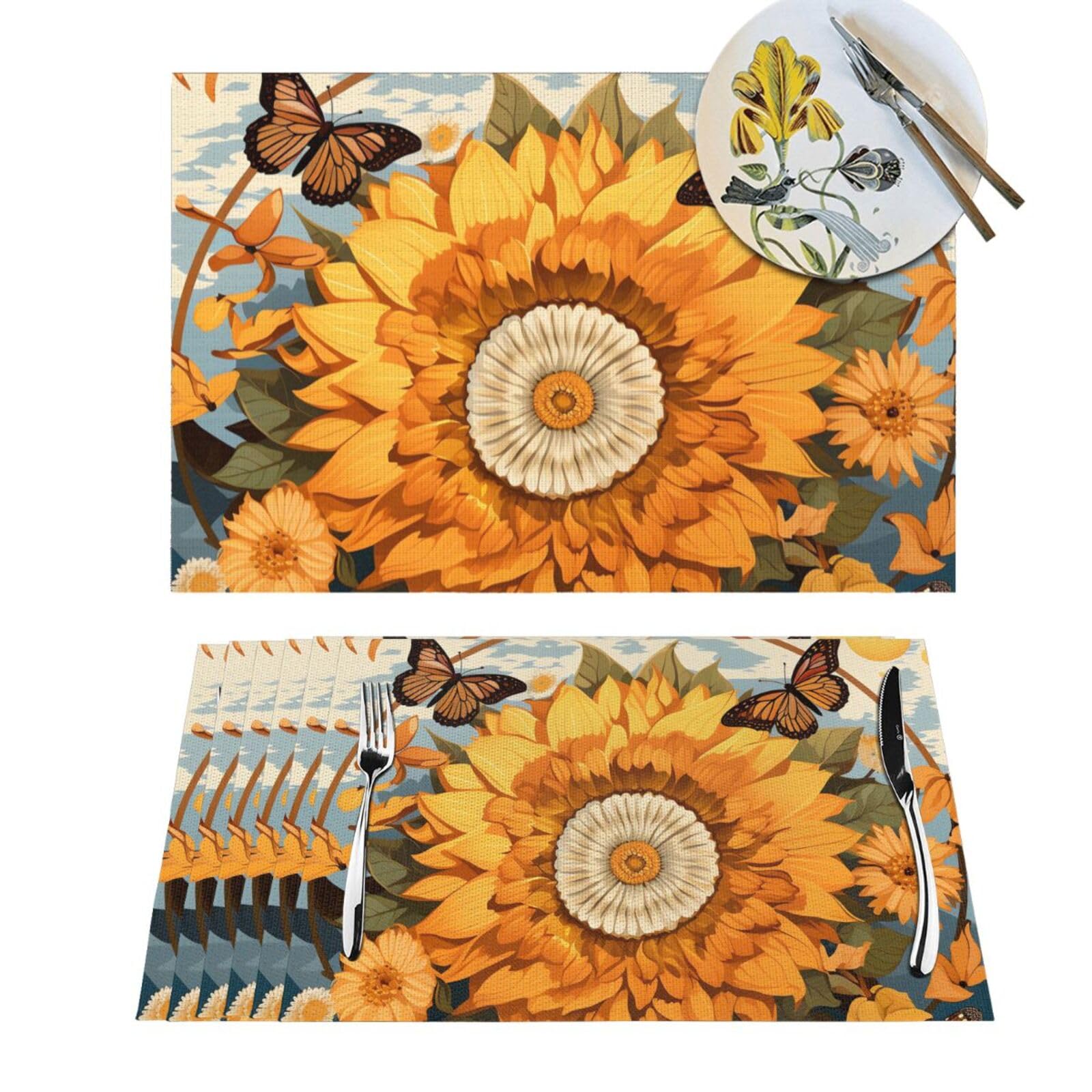 Set de table tissé en PVC motif tournesol et papillons - Lot lavable 45x30 cm