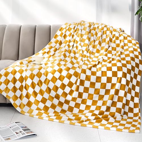 Manta cálida suave y acogedora manta de forro polar a cuadros para sofá (enrejado amarillo, 60 x 80 pulgadas)