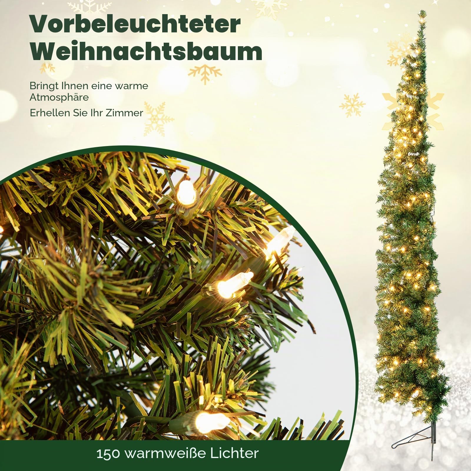 KOMFOTTEU Künstlicher Bleistiftbaum 210 cm mit 150 LED-Lichtern, Halber Weihnachtsbaum mit 403 Zweige & Metallständer, Christbaum Tannenbaum Weihnachtsdekoration für Haus Geschäfte Büro (450 Zweige)