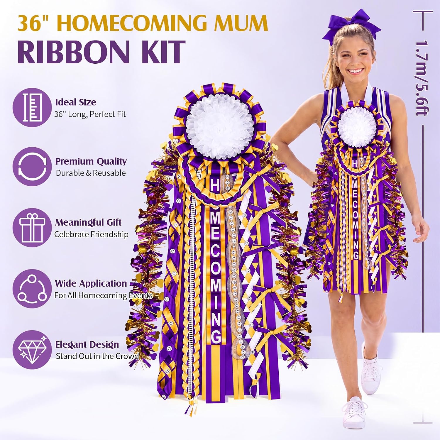 Yinder 36 Inch Homecoming Mum Braid Set Silk Flower 7 Ribbon, Purple, Vivid