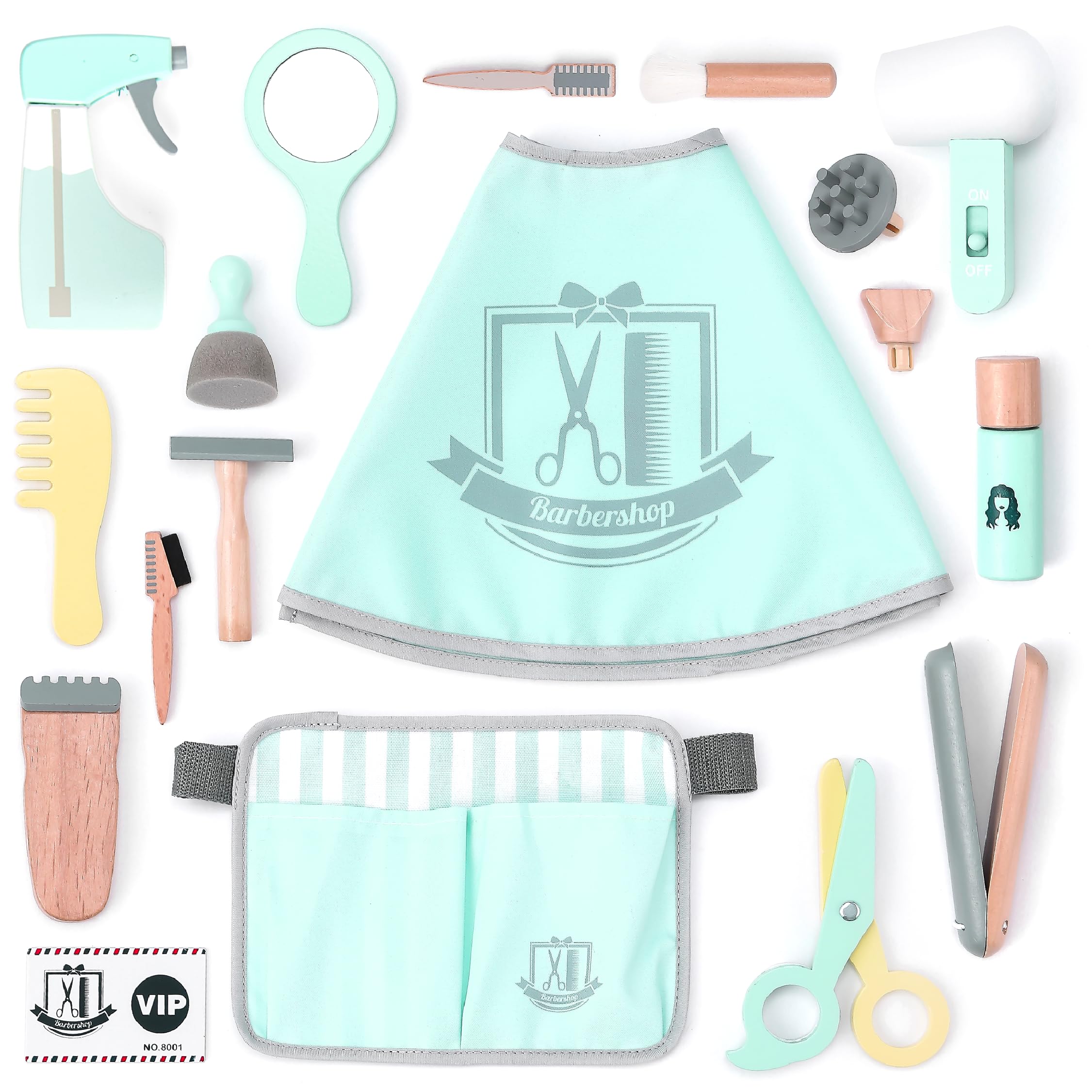 UMU® Kinder Holz Friseur Spielset mit Tasche für Friseurwerkzeuge inkl. Friseurumhang, Schere, Haarglätter, Spiegel u. v. m., 18 Stk Set, Spielzeug zum Rollenspiel, Frisierkoffer für 3, 4, 5 Jahre alt