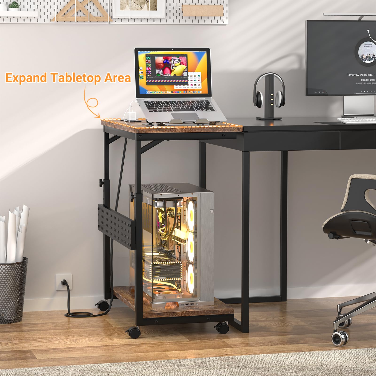 Besiost Soporte de torre para computadora con regletas de alimentación, soporte de torre de PC ajustable en altura con ruedas, soporte móvil para CPU, soporte lateral para carrito de computadora para