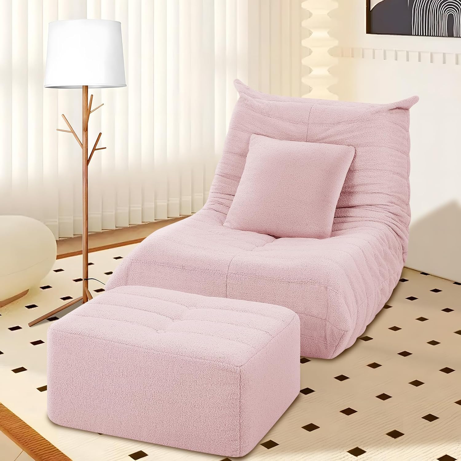 Bean Bag Chair with Ottoman, Comfy BeanBag Chairs for Adults,Giant Bean Bag Lounger with Memory Foam Filled,Teddy Lazy Sofa Reading Chair for Bedroom, Living Room,Dorm,Pink