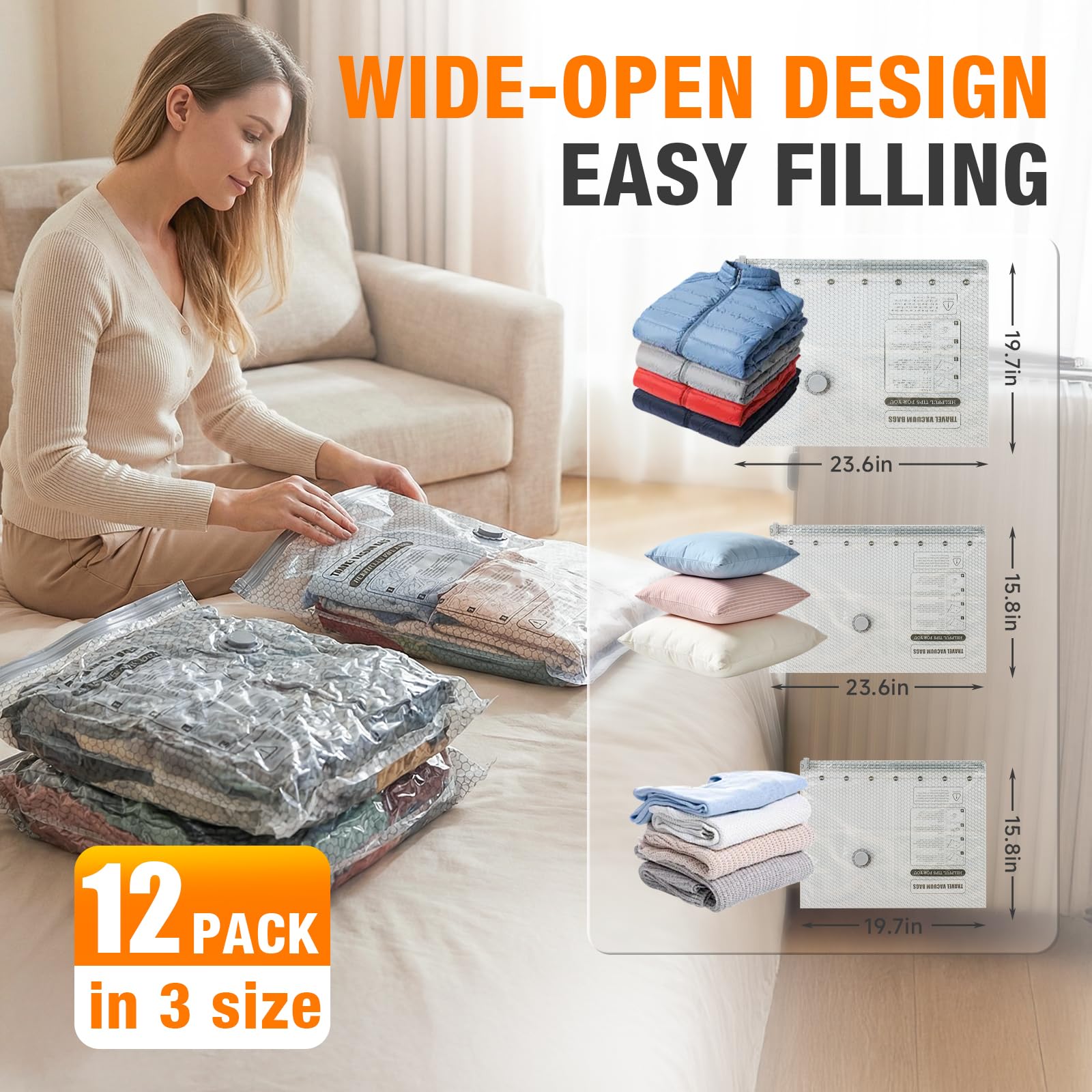 Bolsas de almacenamiento al vacío con bomba eléctrica portátil, bolsas de sellado al vacío para ropa, viajes, bolsas de compresión para viajes y hogar, ropa, mantas, almacenamiento de temporada, 12