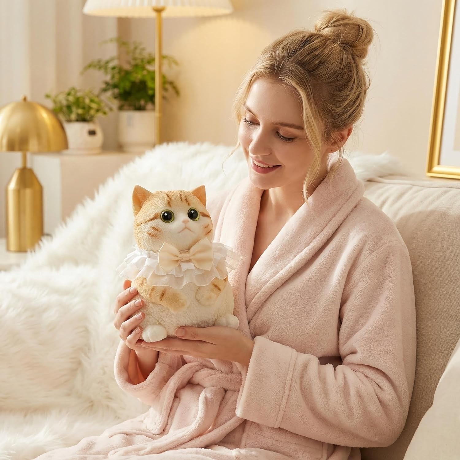 Big Taba Squishy Cat - Jumbo 6" Giant Kawaii Stress Relief Toy with Knitted Basket & Glasses（Caramel Cream Cat ）