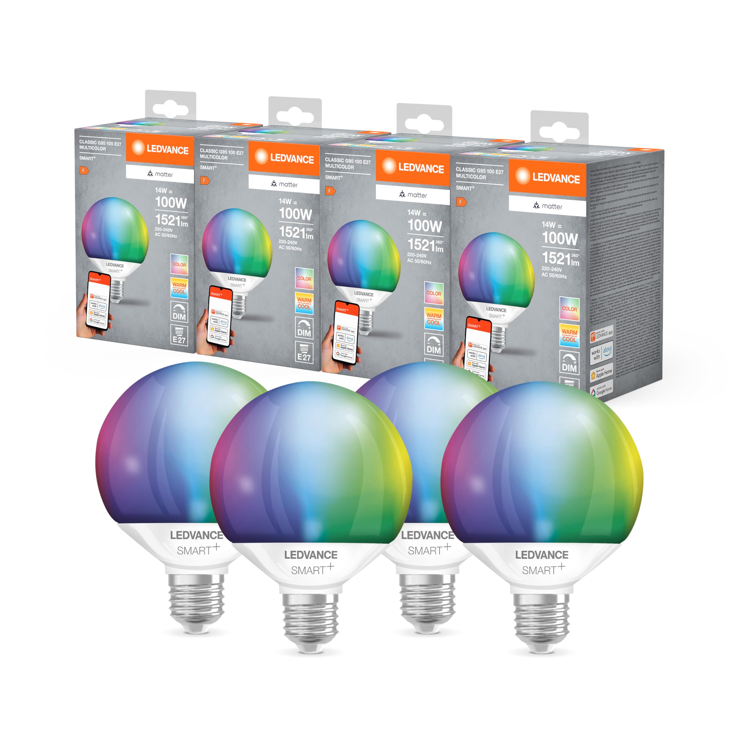 LEDVANCE Lampada LED SMART+ MATTER, smerigliata, 14W, 1521lm, forma a globo E27, luce colorata e luce bianca, compatibile con Google, Alexa, Apple, app o controllo vocale, 20.000 ore,conf. da 4