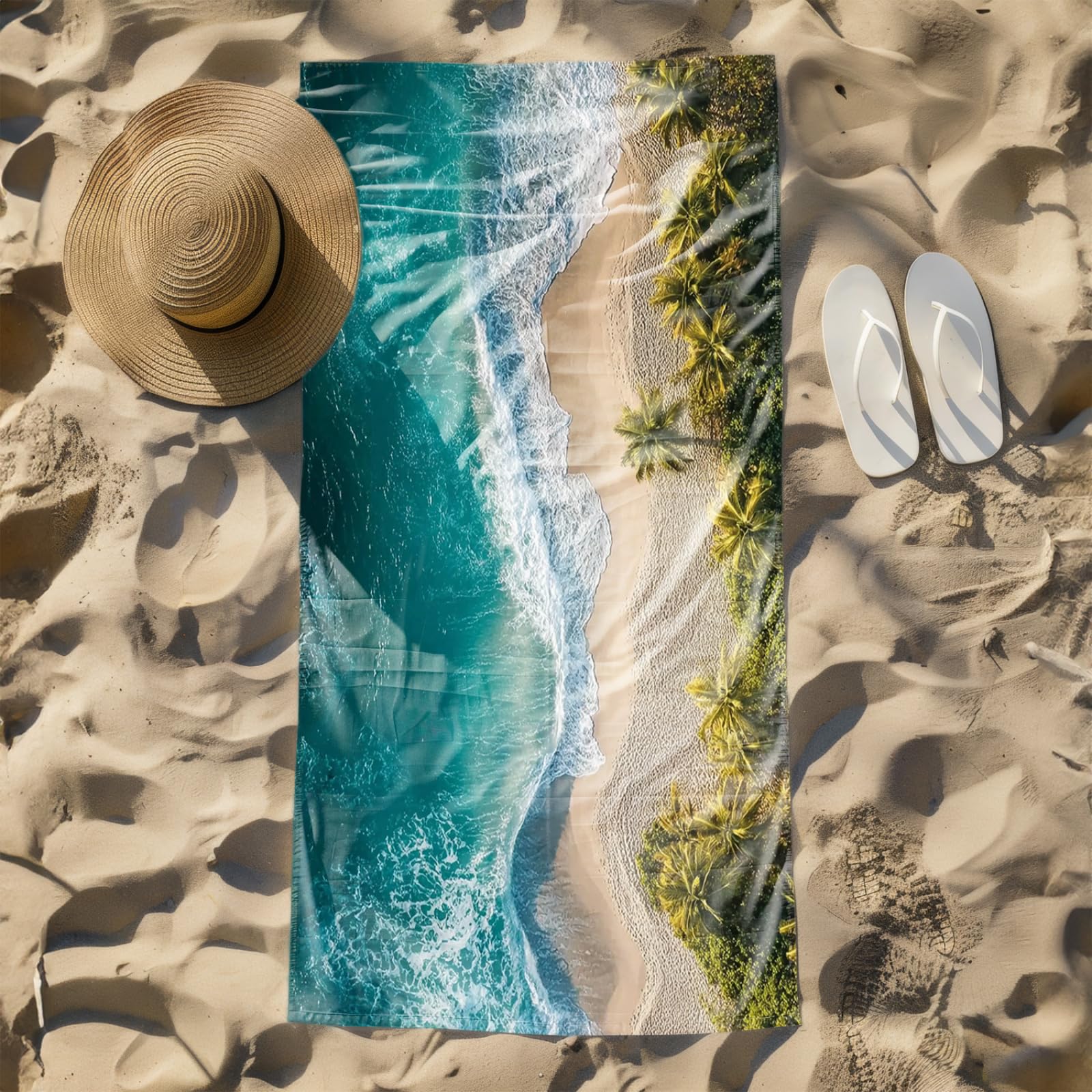 Drap de Plage XXL 200X200 Arbre De Coco Vert Clair Serviettes de Plage en Microfibre,Serviette Piscine Extra Large sans Sable pour Adultes Séchage Rapide