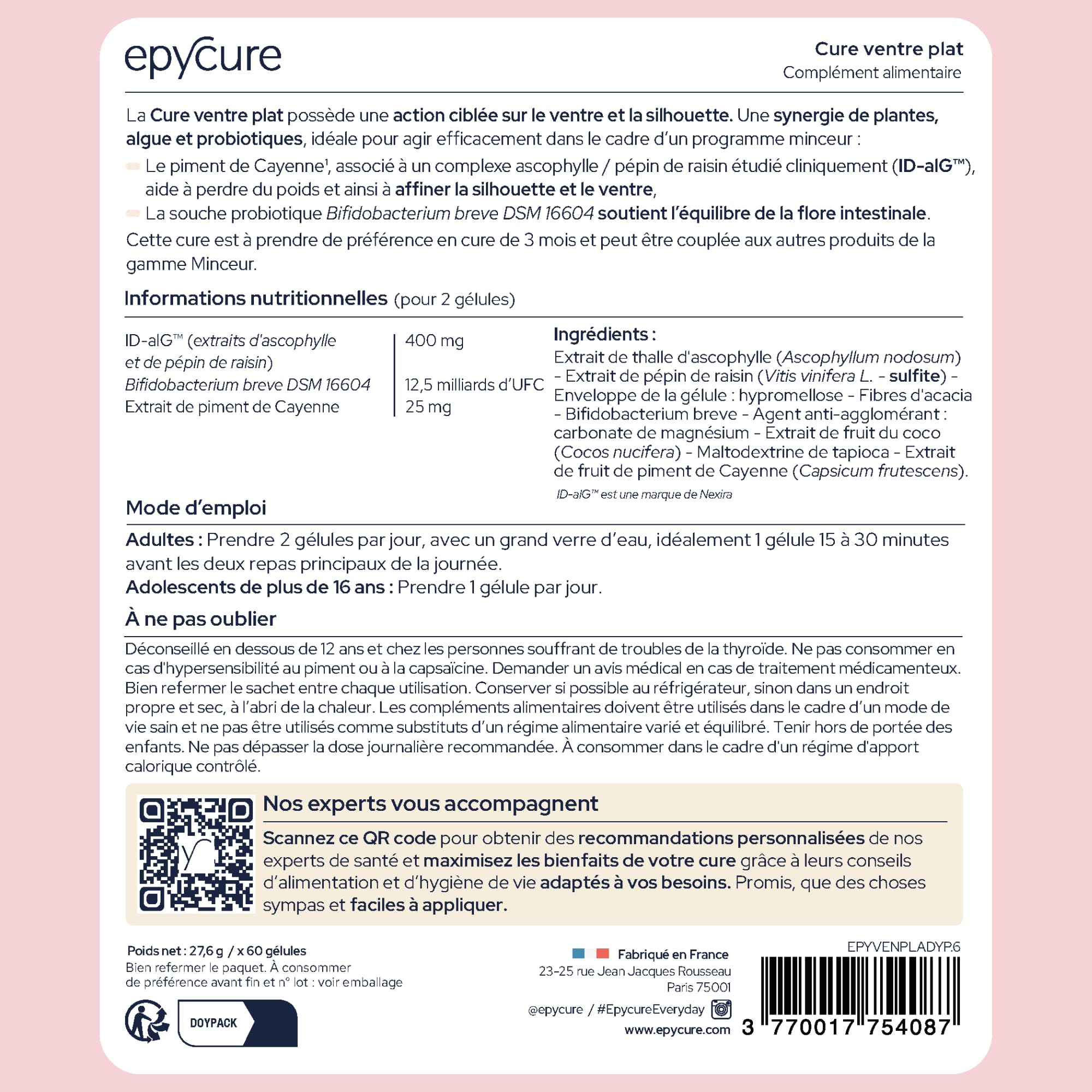 EPYCURE - Cure Ventre Plat - Réduction des Graisses Abdominales, Ballonnements, Silhouette Affinée - 100% Naturel - Pépins de raisin, Piment Cayenne, Probiotiques - Vegan Made in France (Coffret de 3)