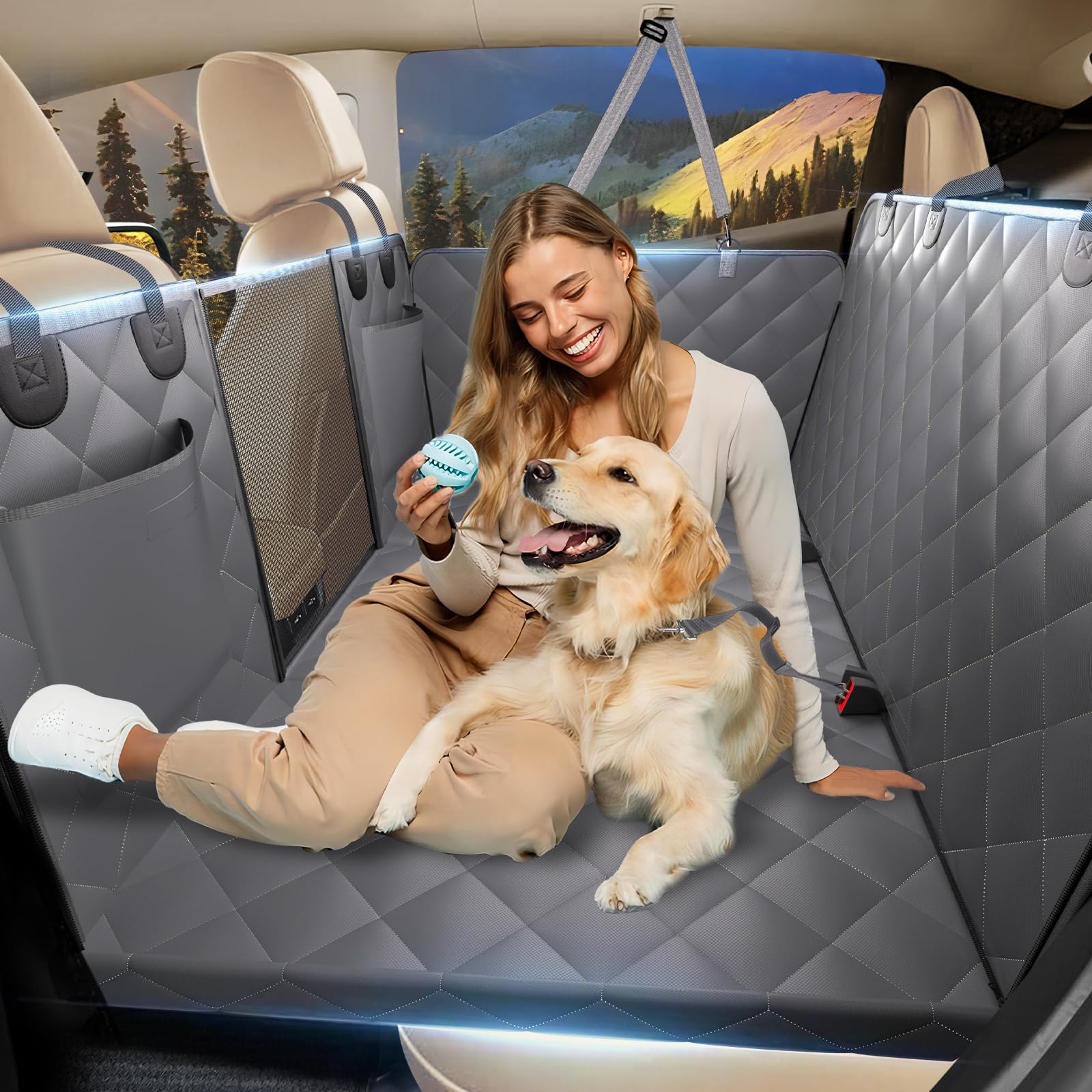 Btefd Back Seat Extender for Dogs, Hard Bottom Dog Car Seat Cover for Back Seat, Backseat Extender for Dogs Supports 420lbs, Waterproof Dog Hammock for Car, SUV, Truck Grey