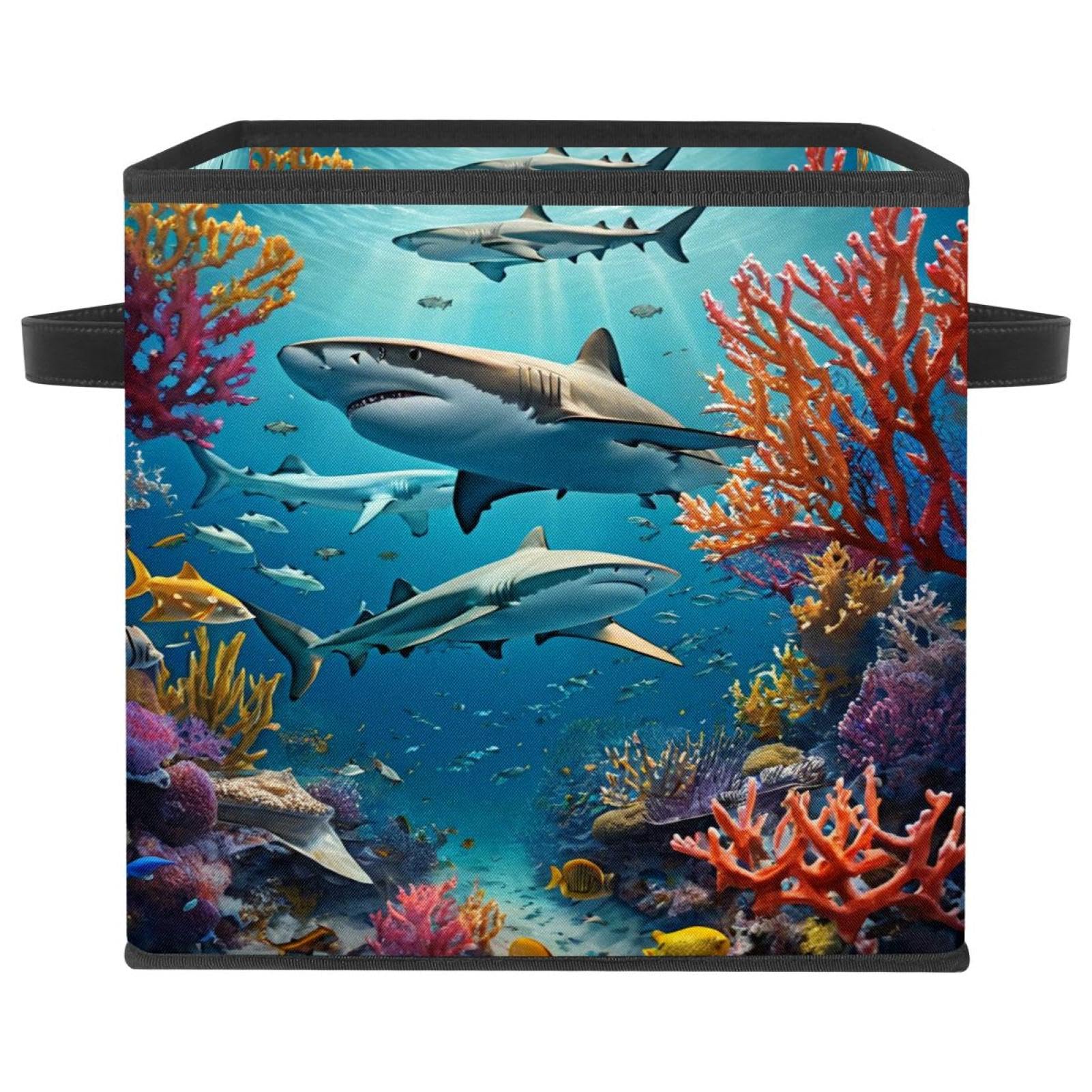 Grand cube de rangement pliable requin avec poignées en cuir pour maison