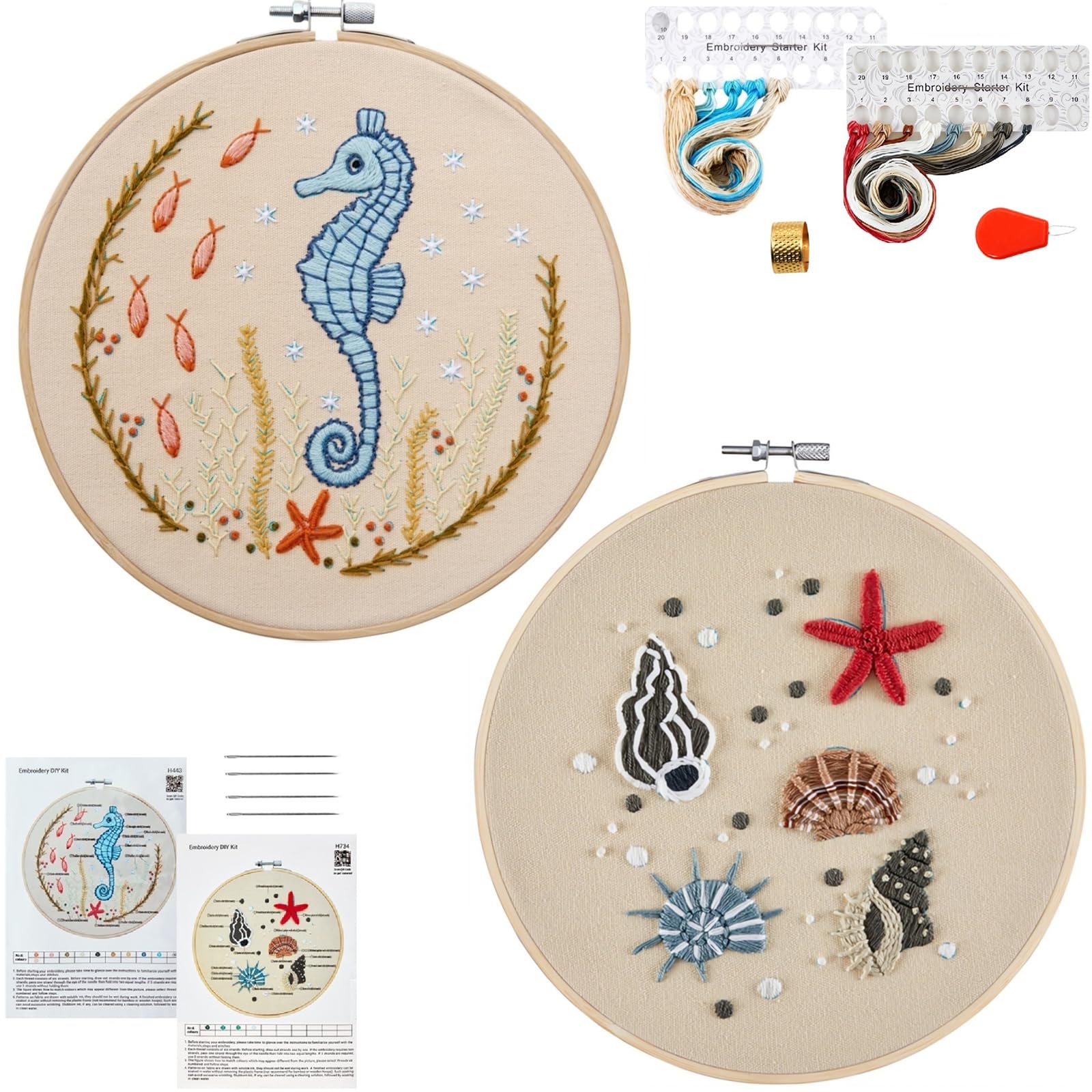 Beach Embroidery Kits for Beginners Adults, Coastal Hand Embroidery Set Needlepoint Kits, Stamped Cross Stitch Kits for Beginners Adults, 2 Embroidery Hoops, Fabric, Thread (Attached Video Tutorial)