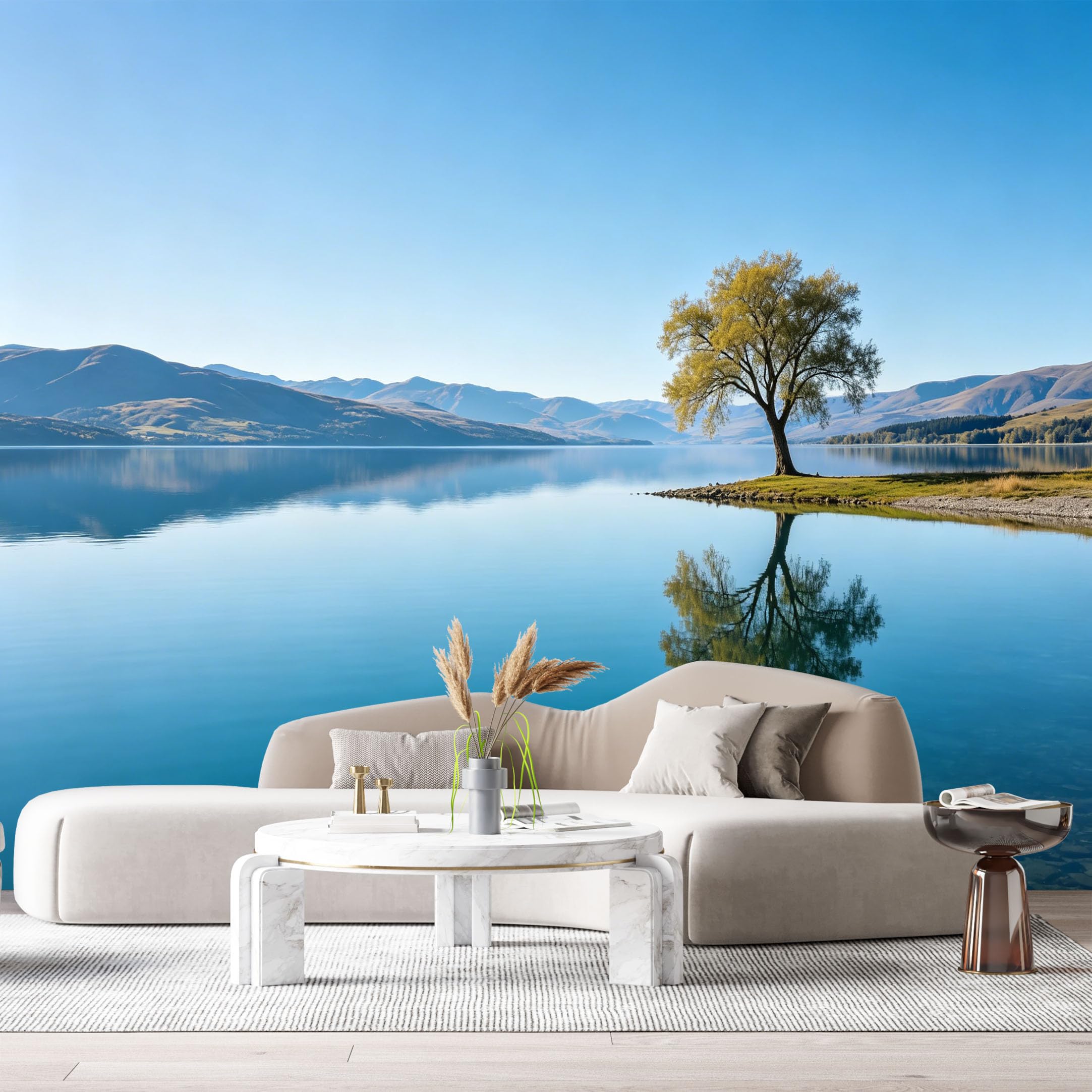 Custom Size Wall Murals Tranquil Lake Landscape Water Reflection Lonely Tree Mountain View SelfAdhesive Wall Fabric Removable Large Wallpaper for Photo Living Room