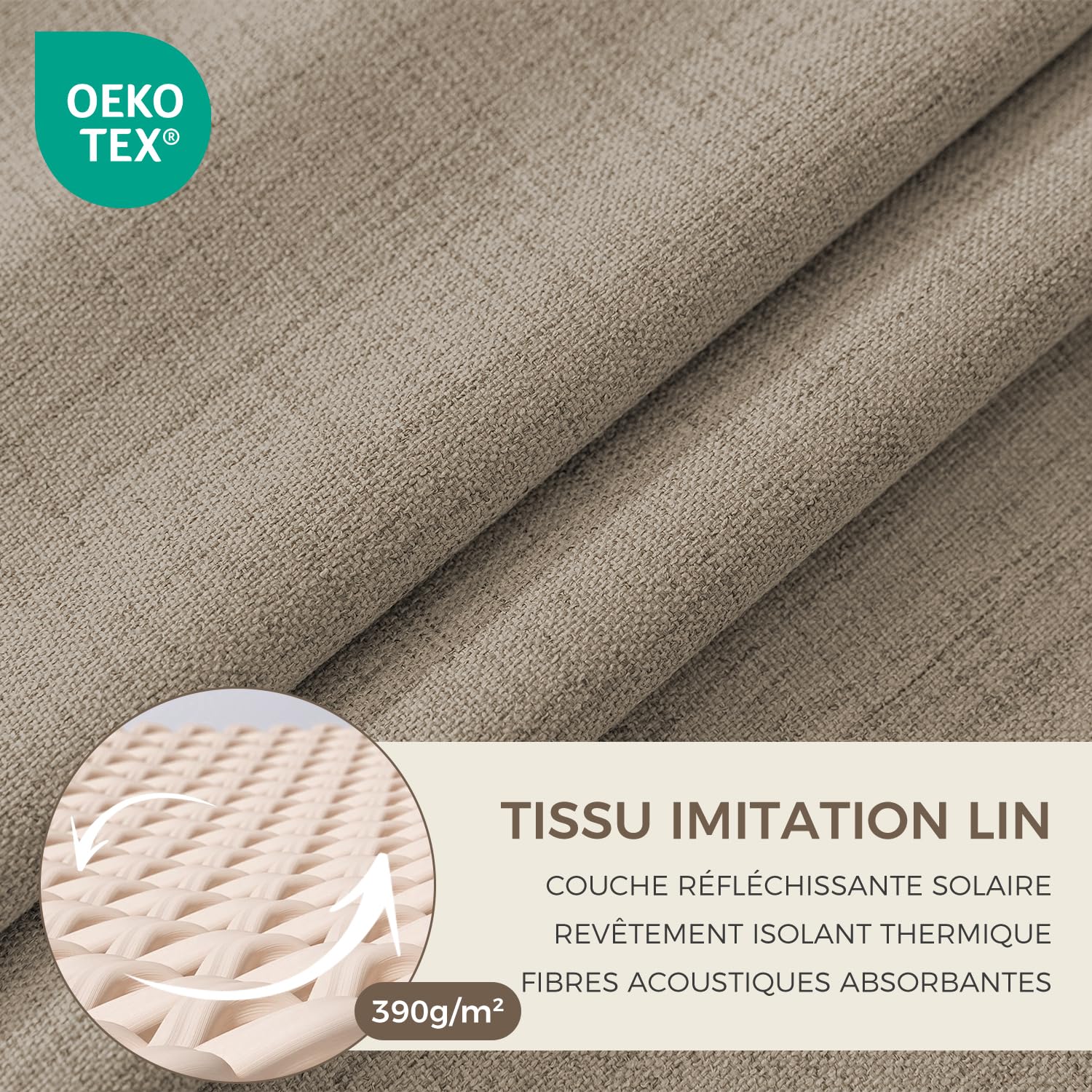 100% Rideau Occultant Thermiques Isolant Anti Froid, 2x140x280(LxH) Rideaux Lin Opaque avec Galon Fronceur pour Rail de Salon Chambre Masion Anti Chaleur Bruit