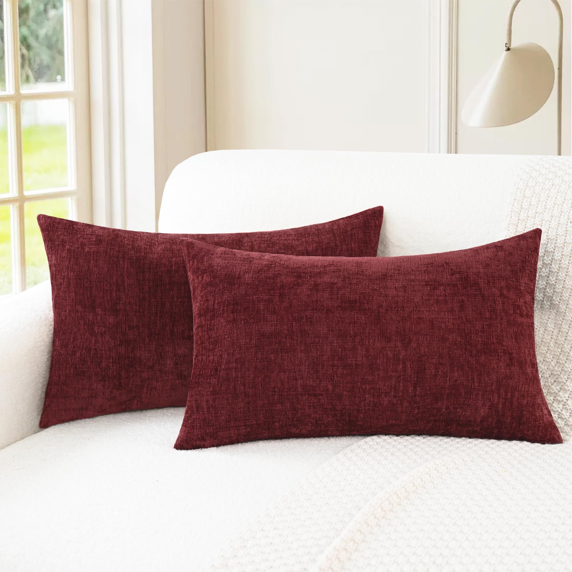 CaliTime Pack of 2 Cozy Throw Pillow Covers Cases for Couch Sofa Home Decoration Solid Dyed Soft Chenille 40cm X 66cm Burgundy โ image 1