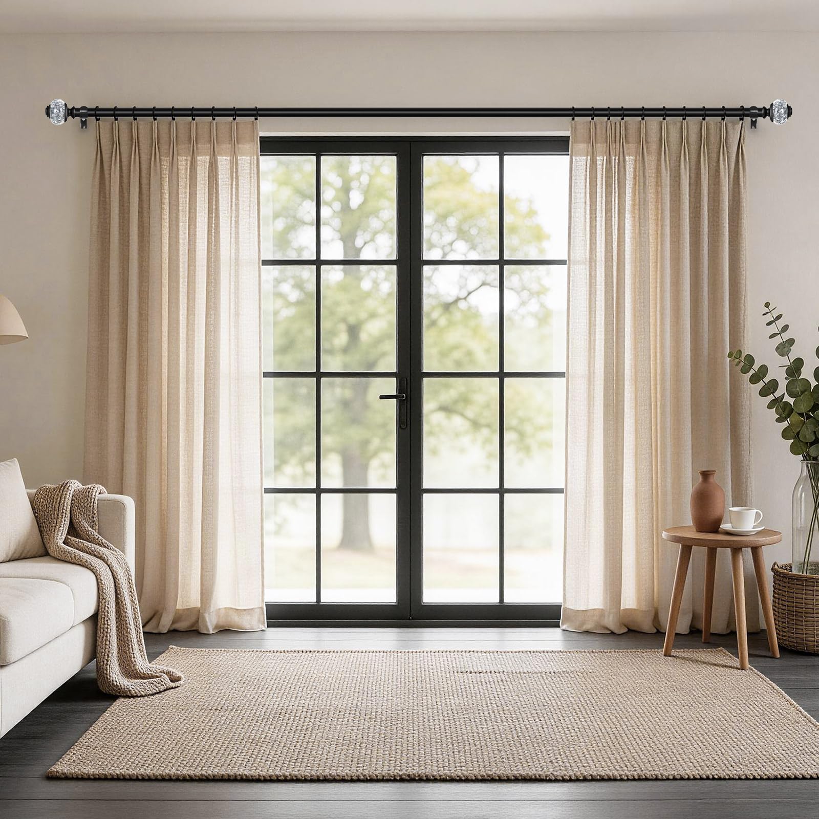Photo 1 of 1 Inch Curtain Rods 72 to 144 Inches (6 to 12 ft) Telescoping Single Drapery Rod, USFOOK Black Curtain Rods for Windows 69 to 140 Inches, Decorative Translucent Finials