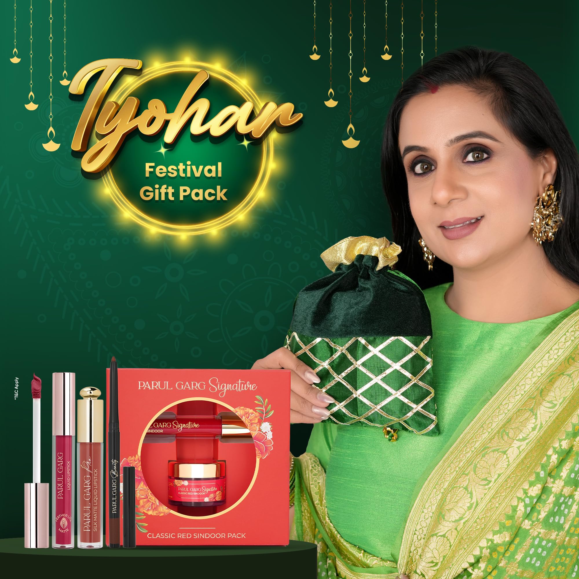 Parul Garg Beauty Festival Gift Pack | Classic Red Sindoor, Smudge-Proof Brown Kajal, 2 Long-Lasting Liquid Lipsticks | Festive Makeup Gift Combo with Green Potli Bag | Ideal Gift for Women - Image 2 thumbnail