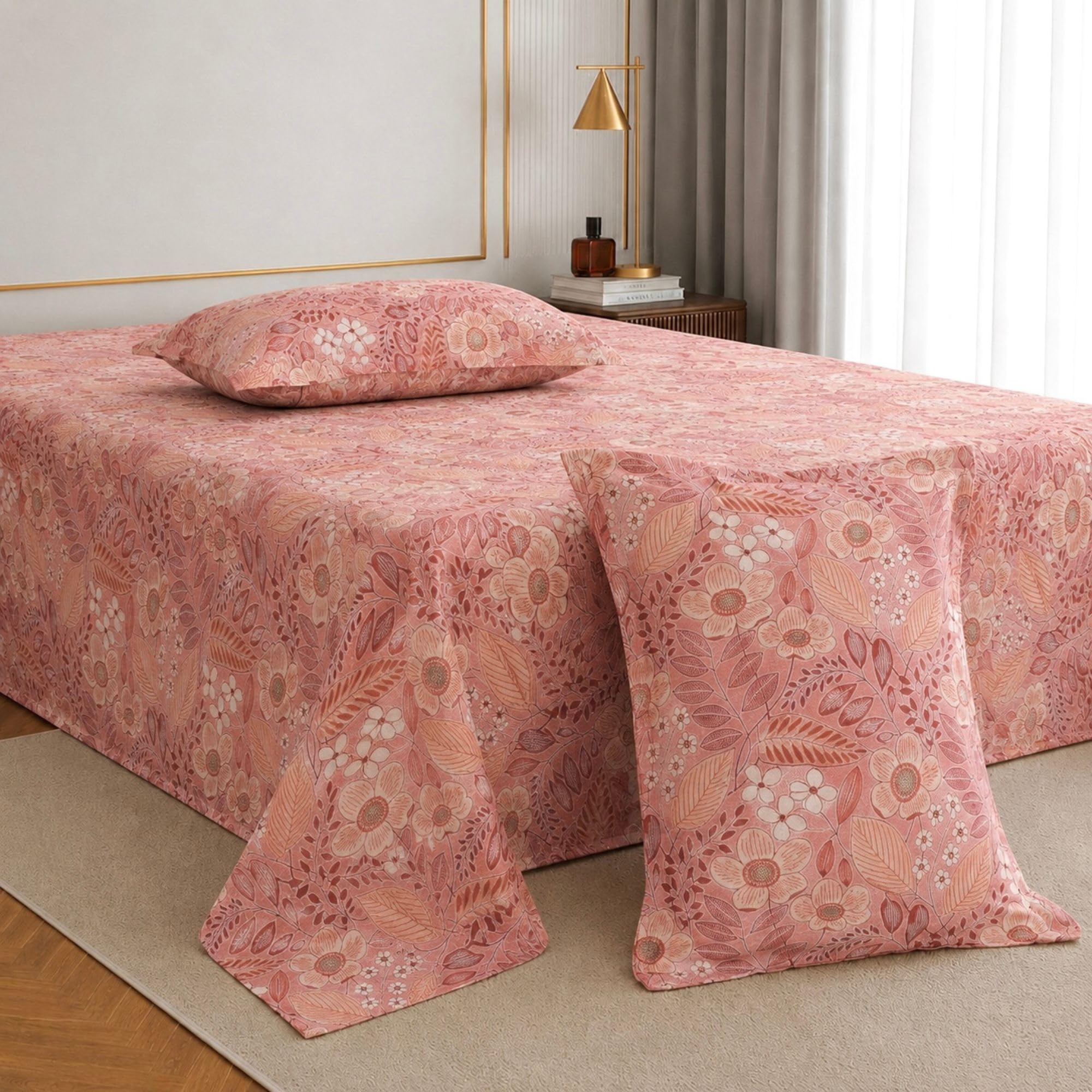 Jaipur Weaves Cotton King Size Bedsheet 104x108 Super King, 100% Pure Cotton Bed Sheet with 2 Pillow Covers, 186 TC Soft Breathable Floral Design Bedding - (Pink Meadow)-image-12