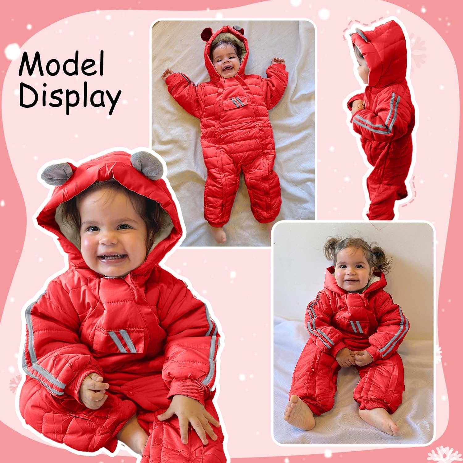 JiAmy Baby Snowsuit Baby Bear Hooded Winter Outfit Double Girl Boy Zipper Winter Clothes Romper