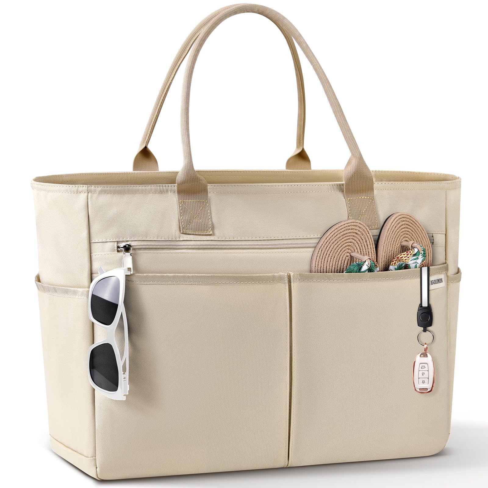 IGOLUMON Bolsa Playa Grande XXL Familiar Shopper Bolso Playa Mujer con Cremallera Bolso De Hombro 40L Bolso de Tote para Playa Viajes Compras Caqui