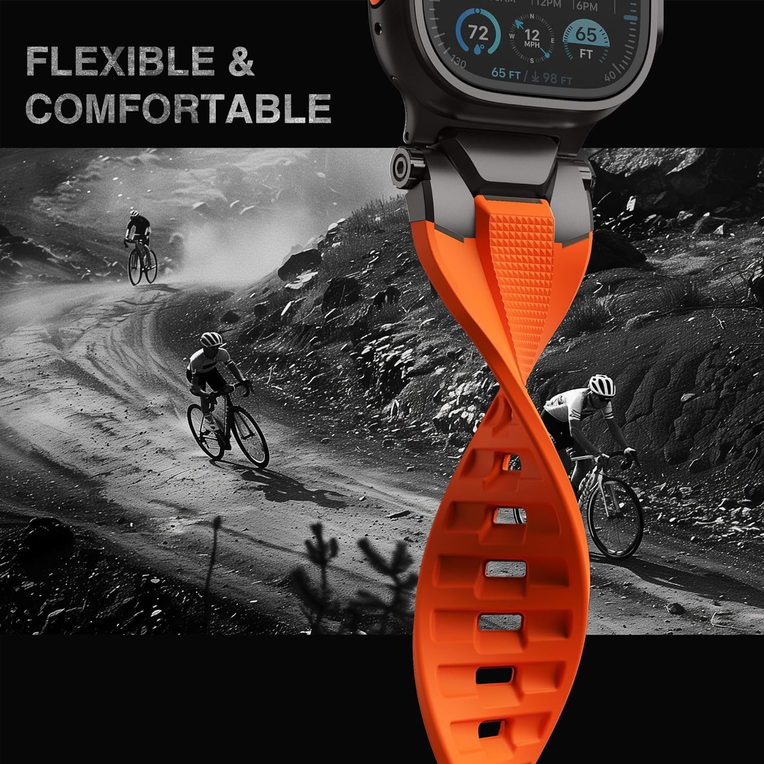 ULTIMAL Sport Band for Apple Watch 49mm/46mm/45mm/44mm, Soft TPU Strap with Stainless Steel Buckle & Connectors, Sweat-Resistant, Easy to Clean, Fits 155-225mm Wrist, for Apple watch Ultra 3/2/1, SE 3/2/1, Series 11/10/9/8/7/6/5/4 (Black/Orange) - Image 5