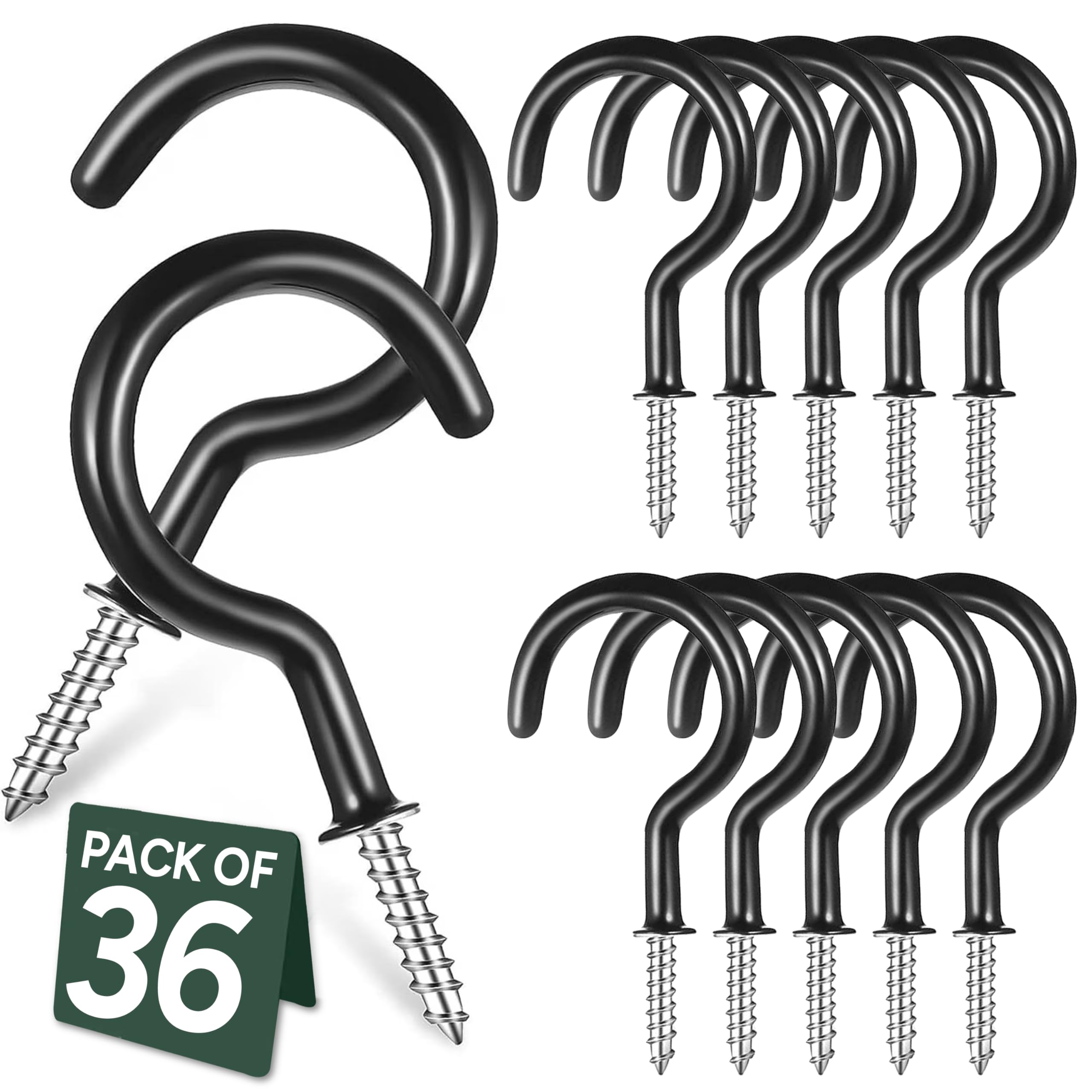 Zuvo 36 Pack Screw in Cup Hooks - Black Vinyl Coated Ceiling Hooks | Screw Hooks for Wood, Cupboard & Outdoor Use | Hanging Plants, Mugs & Lights
