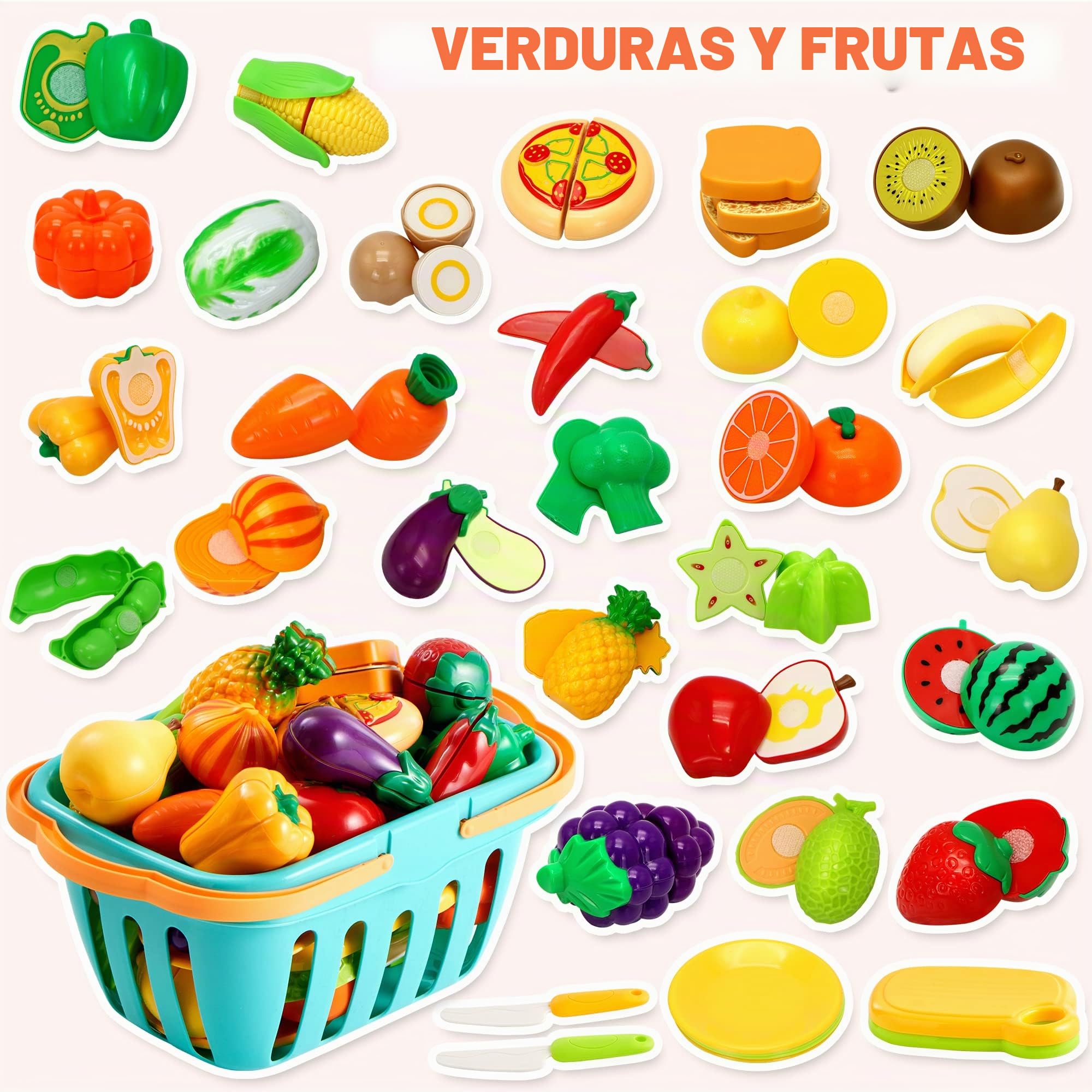 JOYIN 68 Piezas de Juguete de Comida para Cortar para la Cocina niños pequeños, Incluye Frutas y Verduras de plástico, Regalos para niños pequeños