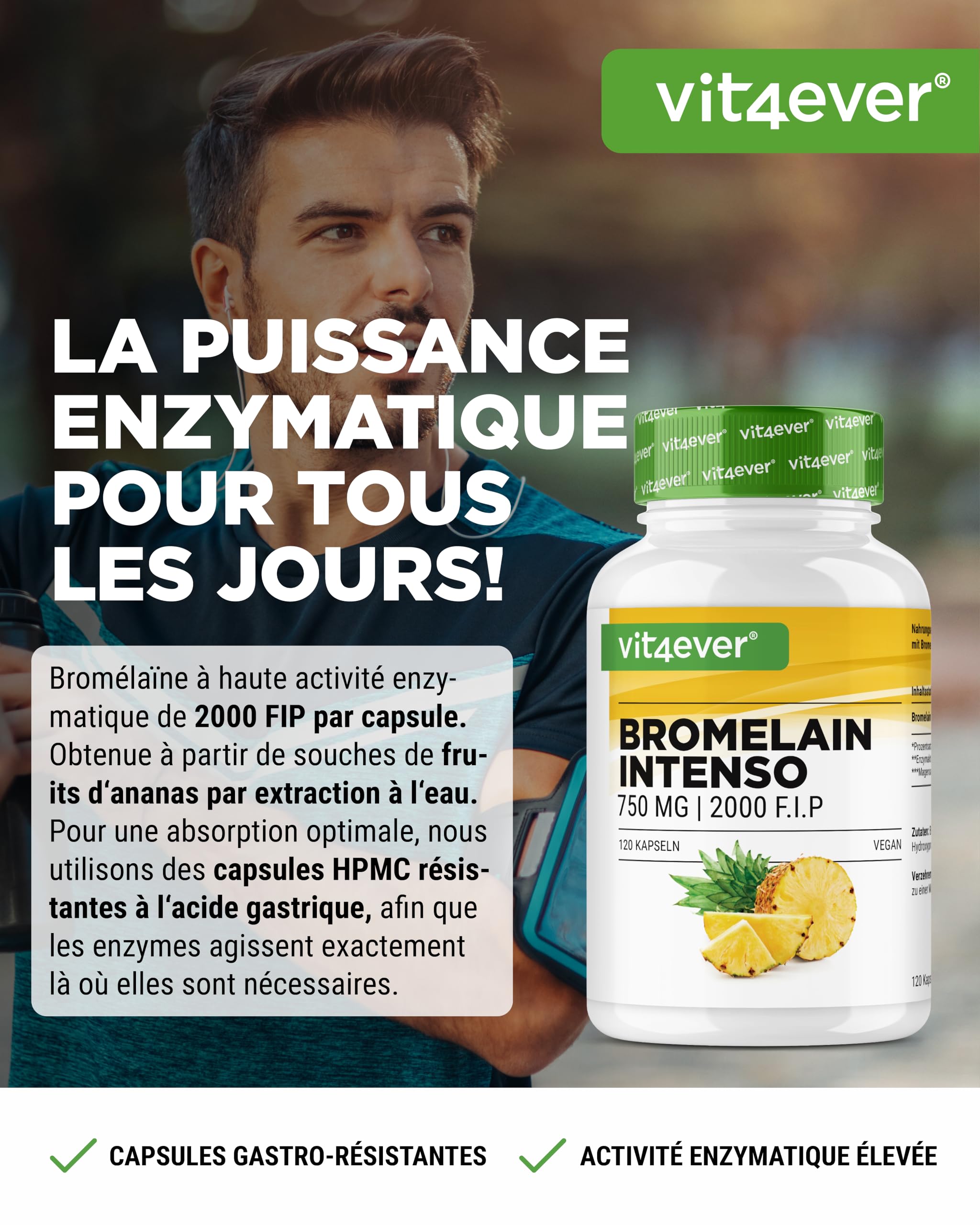 Bromélaïne Intenso - 750 mg (2000 F.I.P) - 120 Gélules Gastro-Résistantes - Extrait Naturel d'Ananas - Hautement Dosé