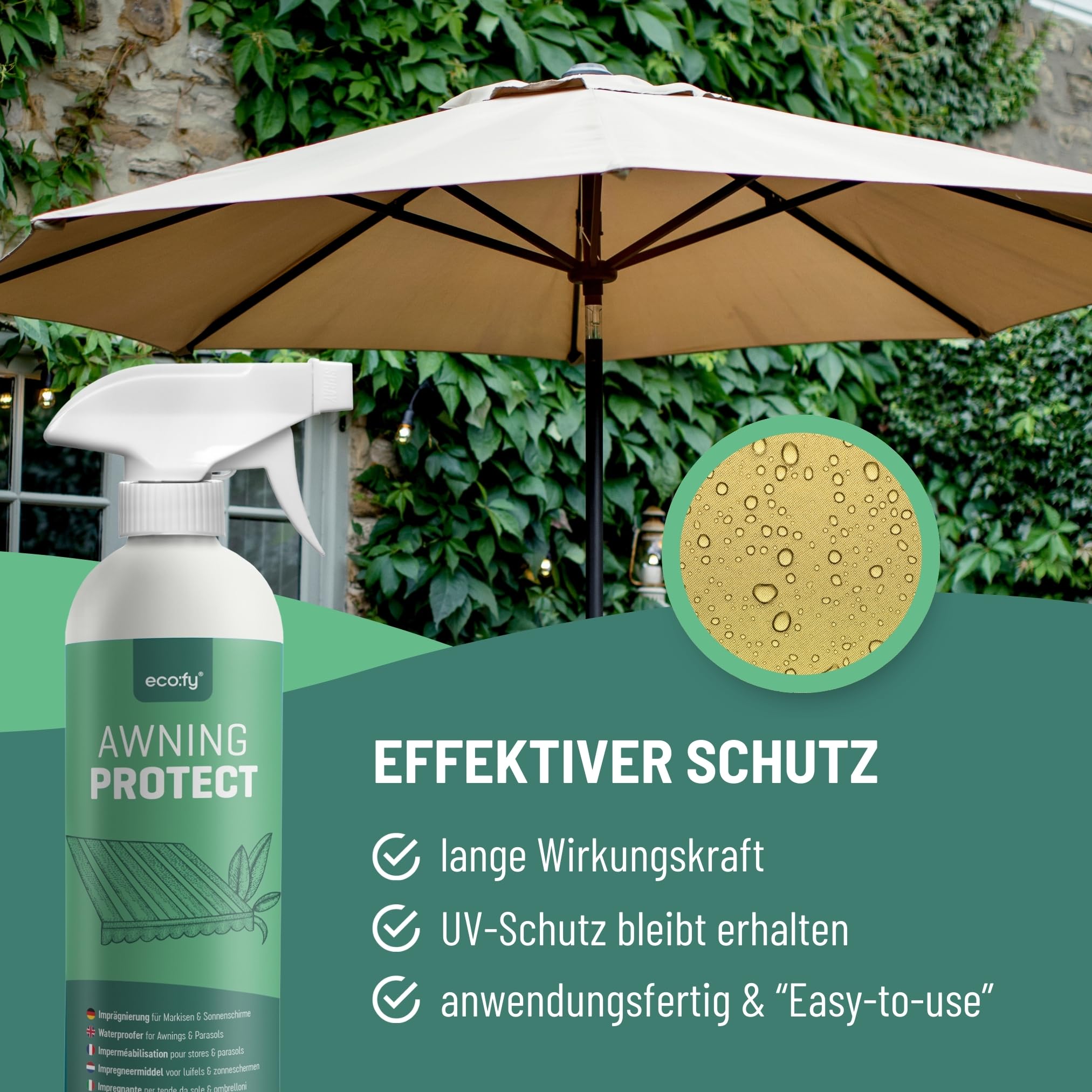 Markisen Imprägnierung 5L - Imprägnierspray für Markisen, Sonnenschirme & Sonnensegel - Schutz vor Feuchtigkeit & Schmutz - UV-stabil, PFC-frei & biologisch abbaubar - Made in Germany