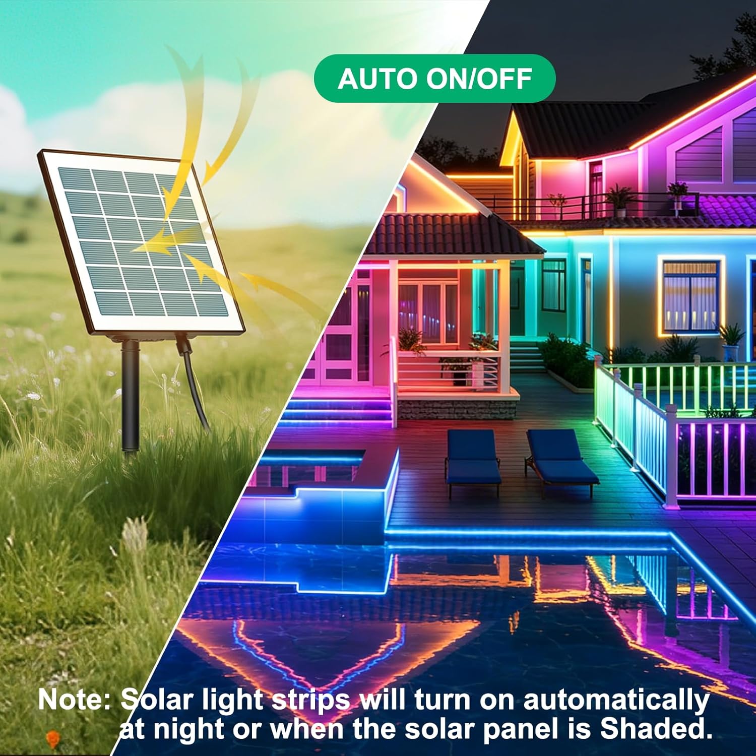 50ft RGBCW Outdoor Led Strip Lights Waterproof, Solar Led Strip Lights Outdoor with Self-Adhesive, Auto On/Off 16 Colors and 4 Modes with Remote Timer Great for Patio, Pathway Decor