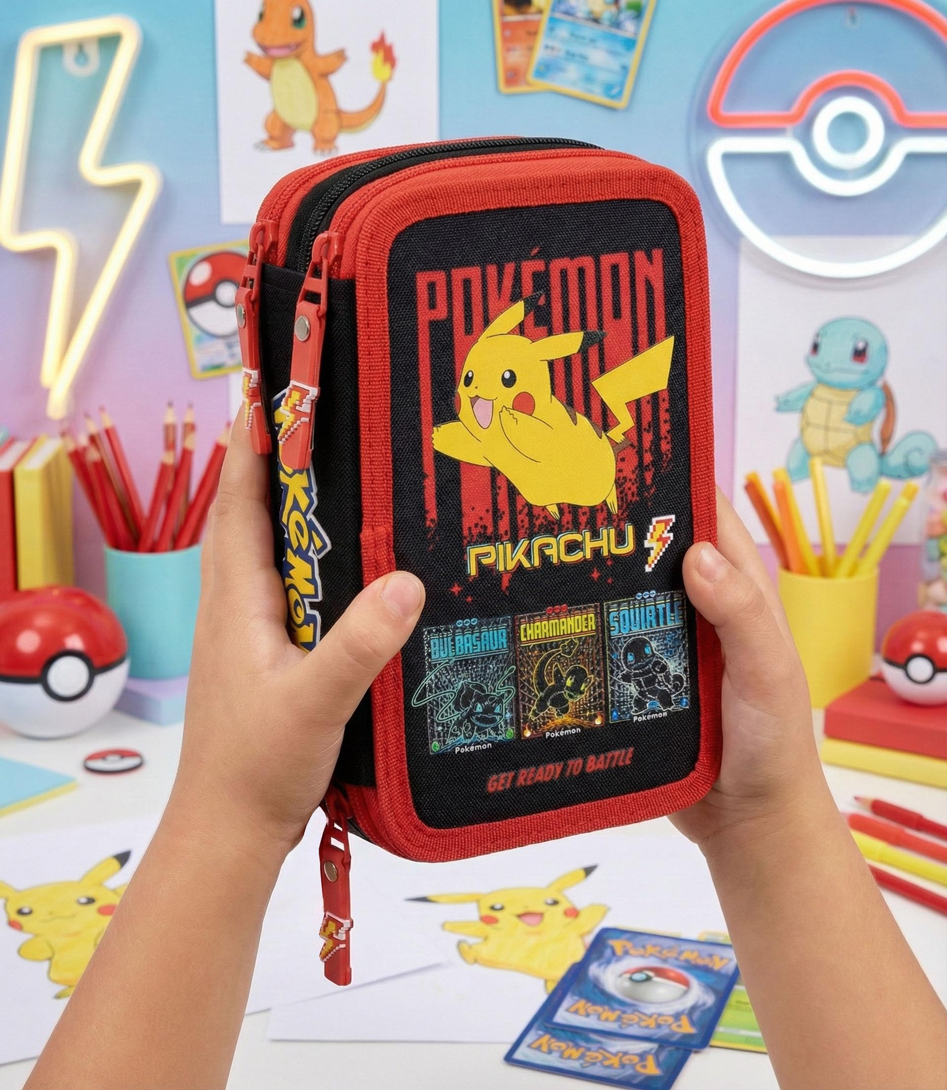 Piórnik z Wyposażeniem 3-Komorowy, Dla Fanów Pokémon - Zestaw Szkolny 46 Elementów: Długopisy Ścieralne, Pisaki Giotto, Kredki - Wyprawka dla Chłopca