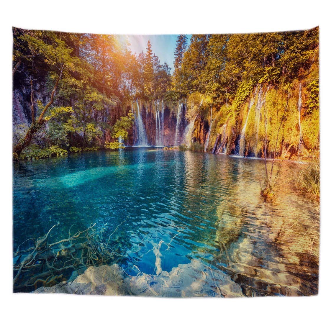 A.Monamour Turquoise Water Waterfall Lake Stones Mountains Trees National Park Nature Scenery Landscape View Print Fabric Wall Tapestry Wall Hangings Beach Towels Yoga Blankets For Indoor Outdoor