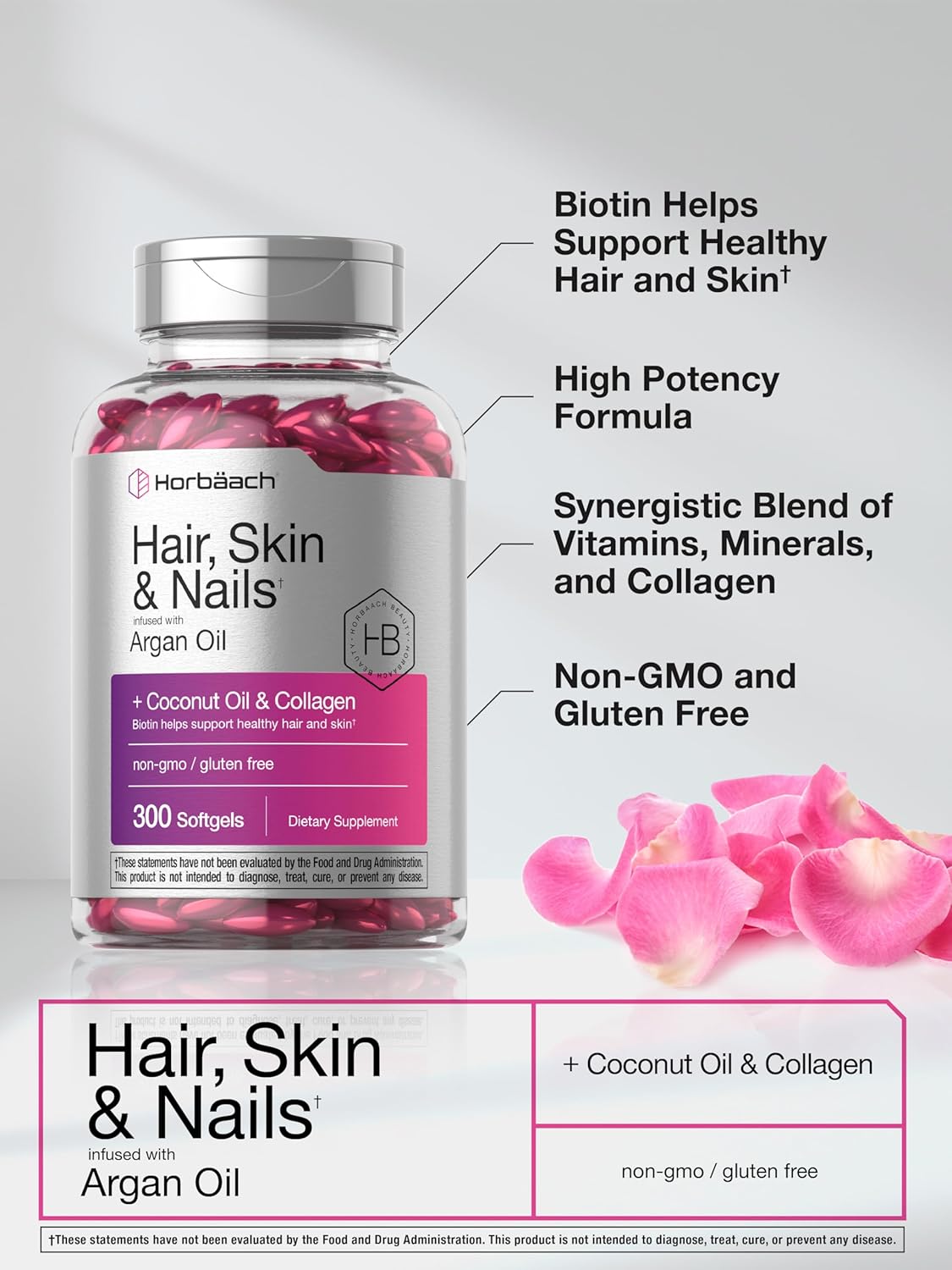 Horbäach Hair Skin and Nails Vitamins | 300 Softgels | with Biotin and Collagen | Infused with Argan Oil and Coconut Oil | Non-GMO, Gluten Free Supplement - Image 4