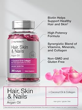 Horbaach Hair Skin and Nails Vitamins | 300 Softgels | with Biotin and Collagen | Infused with Argan Oil and Coconut Oil | Non-GMO, Gluten Free Supplement