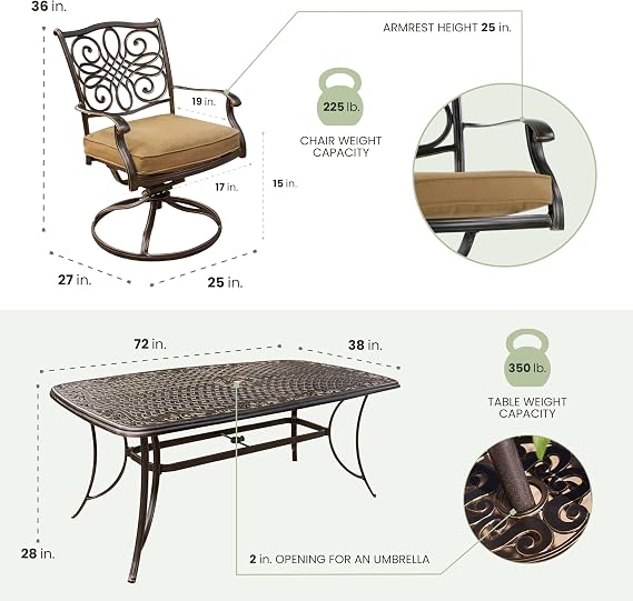 Hanover Traditions 7-Piece Patio Dining Set with 6 Swivel Rocker Chairs, Tan Cushions and Large 38x72 Dining Table, Outdoor Dining Set for 6, Premium Weather Resistant Patio Furniture