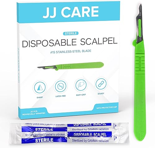 JJ CARE Bisturí desechable paquete de 20, 15 cuchillas de acero inoxidable, bisturí estéril con asas de plástico, bisturí para dermaplaning, bisturí