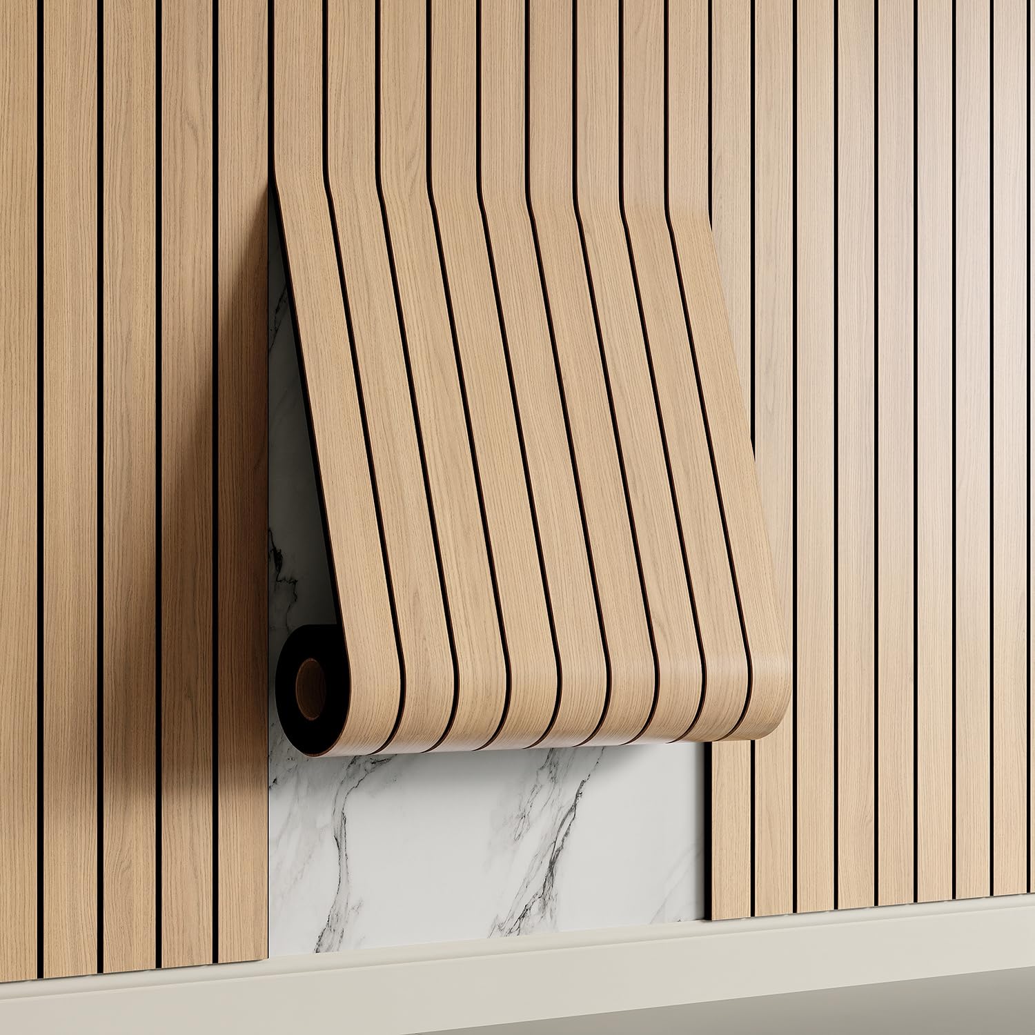 Yutianli PVC Slat Wall Panel Peel and Stick 118"x 15.7" Faux Wood Slat Panel Artificial Oak Wood Grain Self-Adhesive Soundproof 3D Wall Panel for Walls and Ceilings