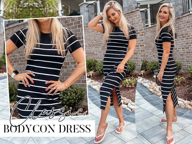 ZESICA Women's 2025 Summer Bodycon Midi Dress Striped Short Sleeve