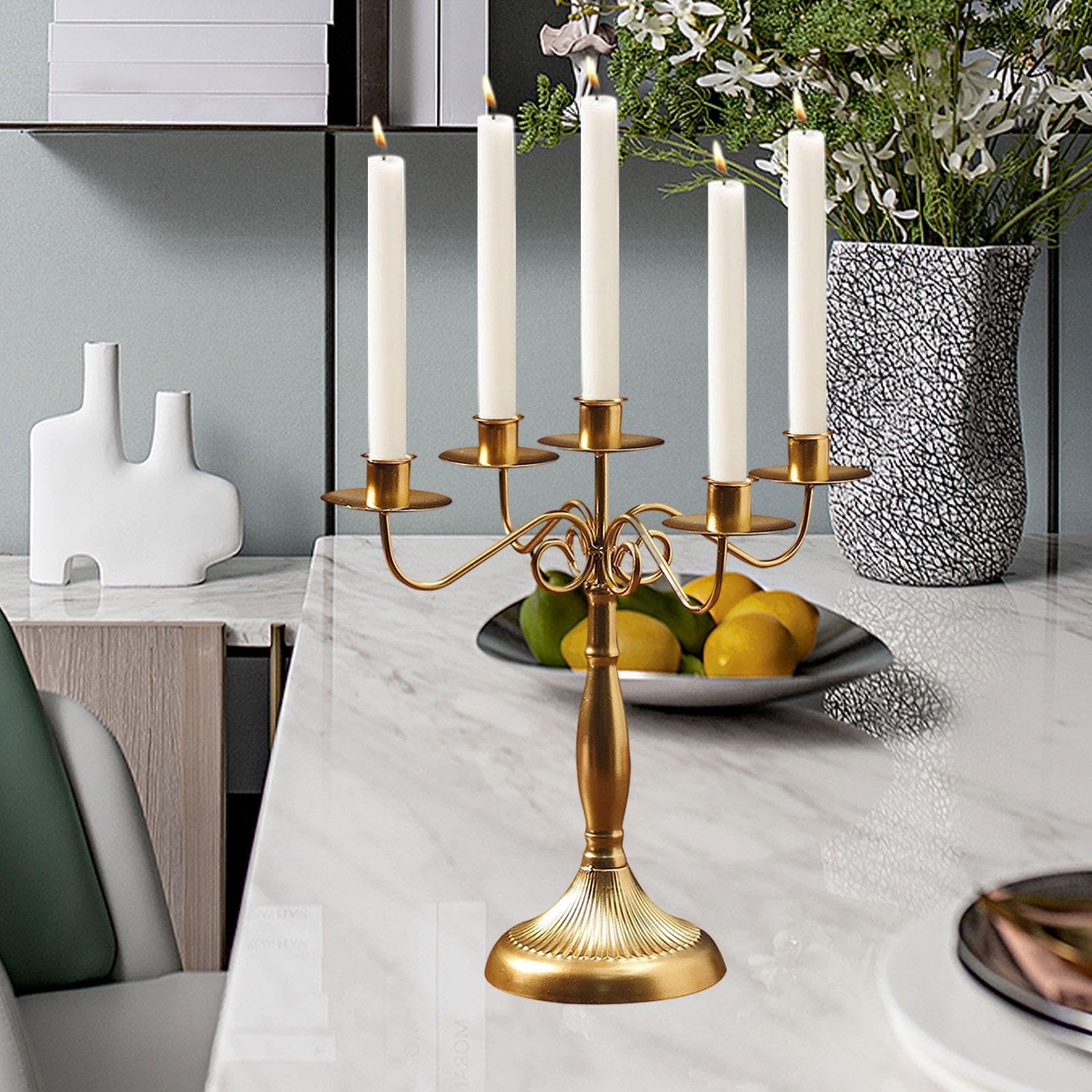 Fenteer Candelabro de Varios Brazos, candelabro cónico, para Sala de Estar, Oro con 5 Brazos