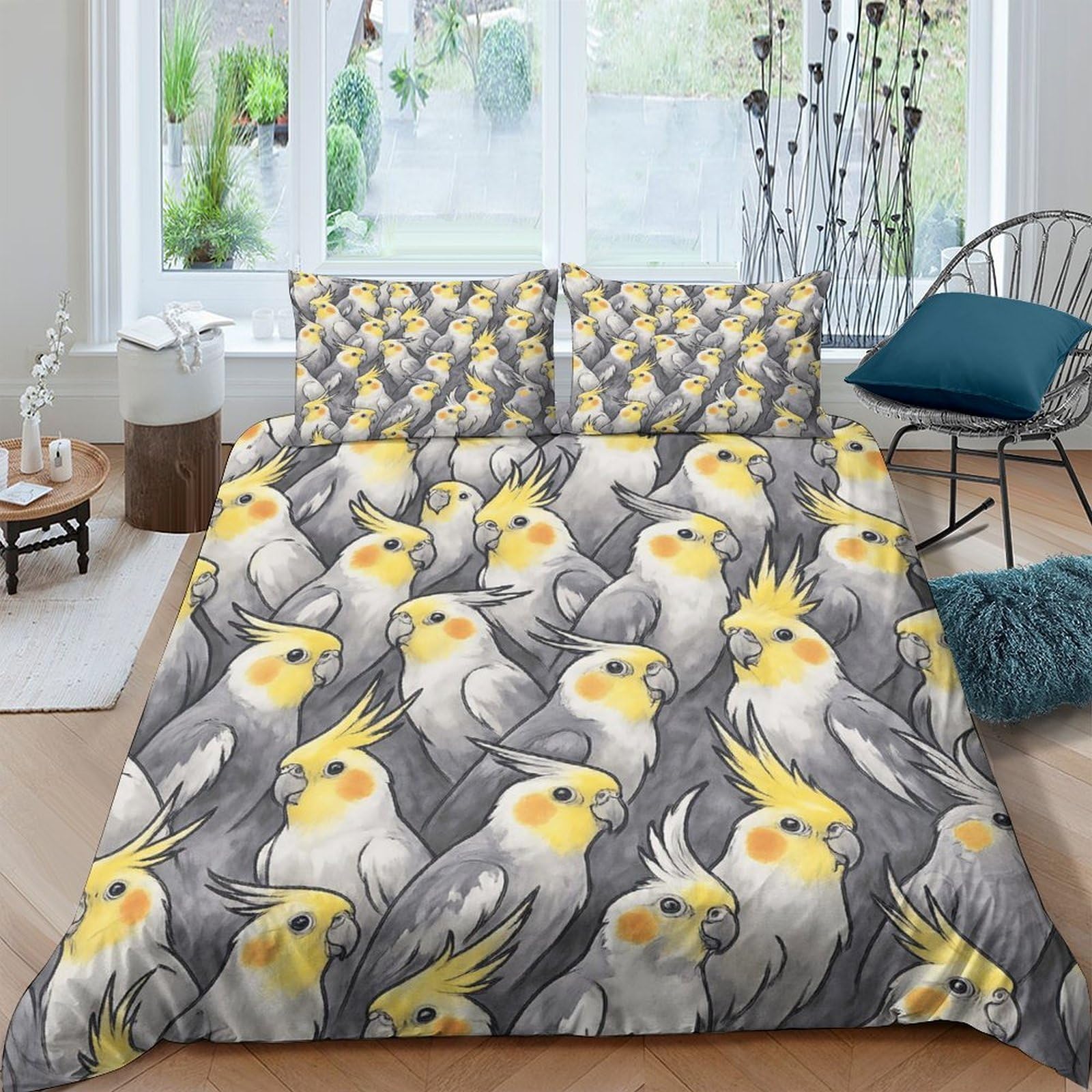Ctjqhvkz Style-2 3D Printed Cockatiel Parrot Fitted Sheet Microfiber Anti-Slip Yellow Grey Bird Mattress Cover Bedroom Decor Single（135X200cm）