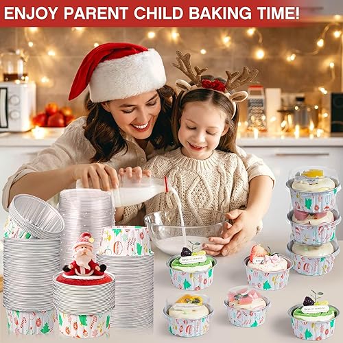 Miniatura 3 de 200 moldes de papel de aluminio de Navidad con tapas, tazas de hornear desechables de 4 onzas para hornear, postre, queso, crema Brulee, moldes para