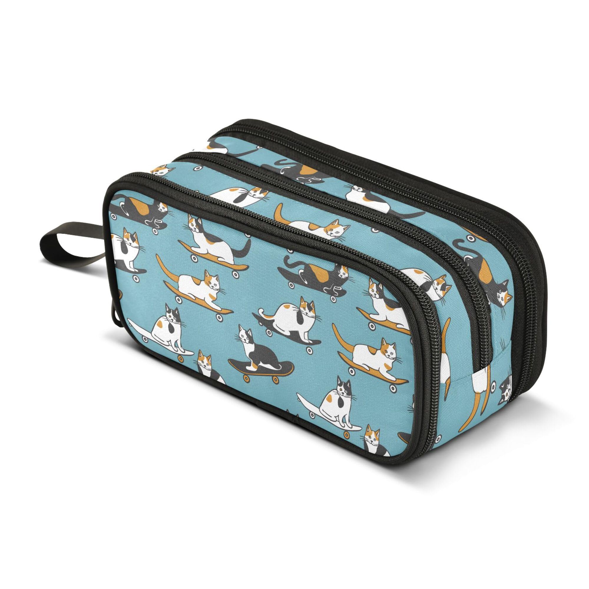 Large Pencil Case, Big Capacity Pencil Bag Pen Pouch Holder 3 Compartments, Cat Skateboard Calico School Office Supplies Stationery Makeup Bag Storage Organizer for Students Girls Boys Women Men