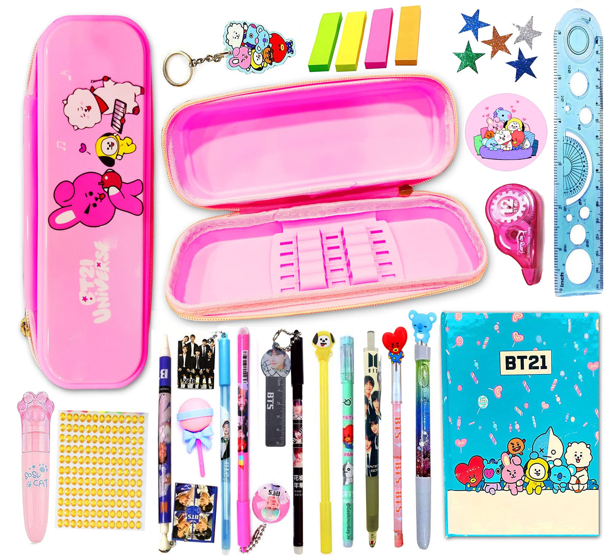 KOBBET Plastic 20 In 1 Bts Stationery Set For Girls,Bt-21 Pencil Case Pouch Girls With Diary Pen Eraser Jumbo Pack Return Gift Party Favor Gifts-Multicolor