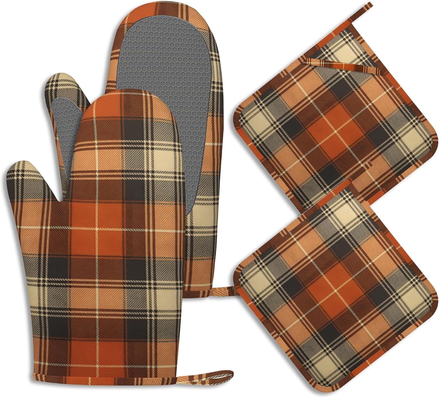 Brown Buffalo Plaid Oven Mitts and Pot Holders Retro Check Silicone Kitchen Accessories Set of 4 Heat Resistant Non-Slip Long Gloves Potholder for Chef Cooking Baking Gifts Women Men